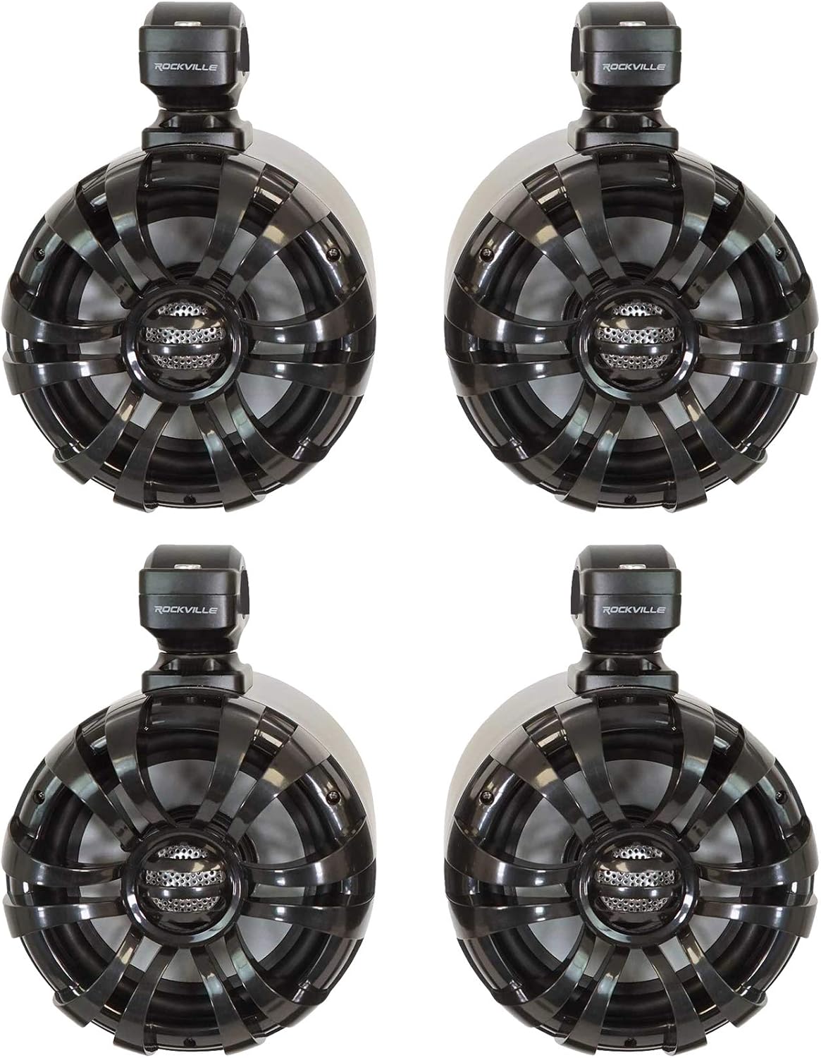 Rockville WB65 Black 6.5" 600W Metal Marine Wakeboard Tower Speakers, 4 Ohm, Waterproof, 360-Degree Swivel, Durable Build for Boats, ATVs, UTVs, 4-Piece