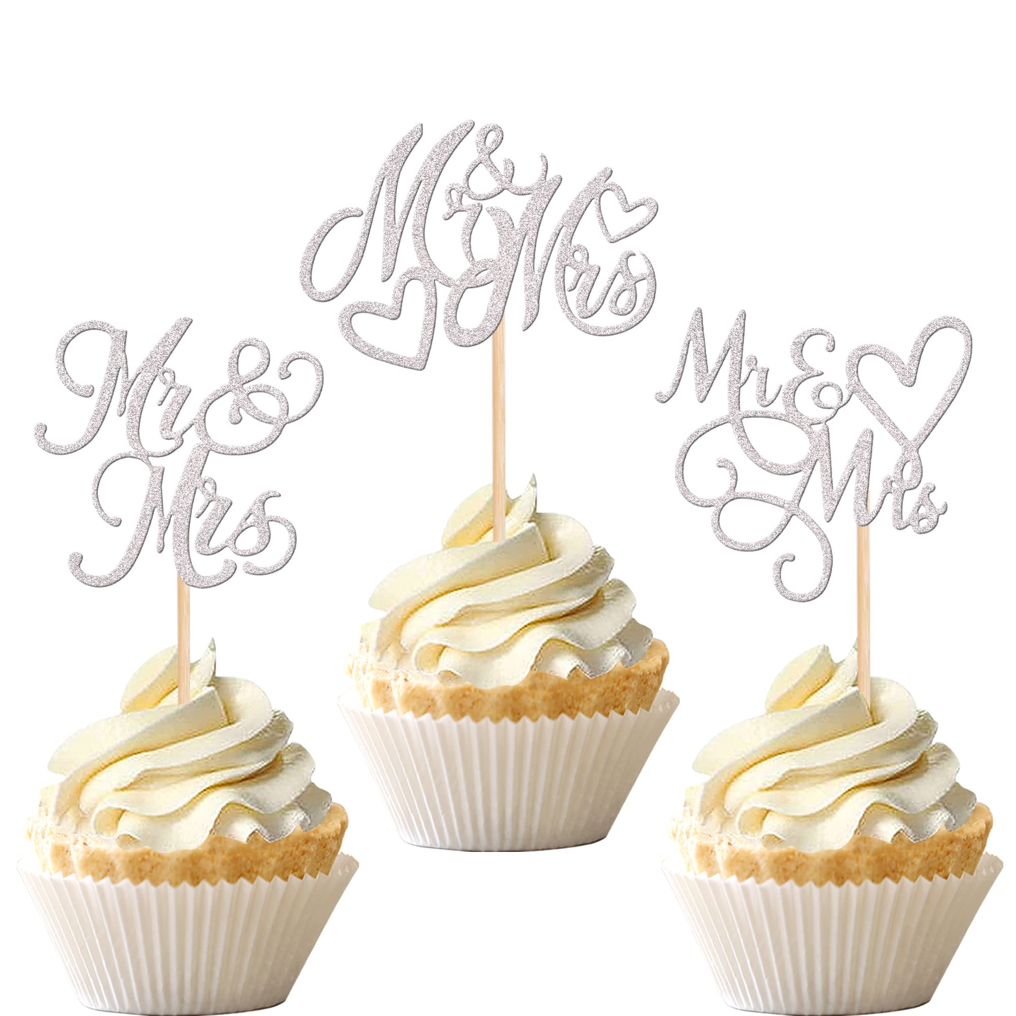 24 PCS Mr & Mrs Cupcake Toppers Glitter Love Heart We're Engaged Cupcake Picks Decoration for Wedding Engagement Bridal Shower Birthday Party Cake