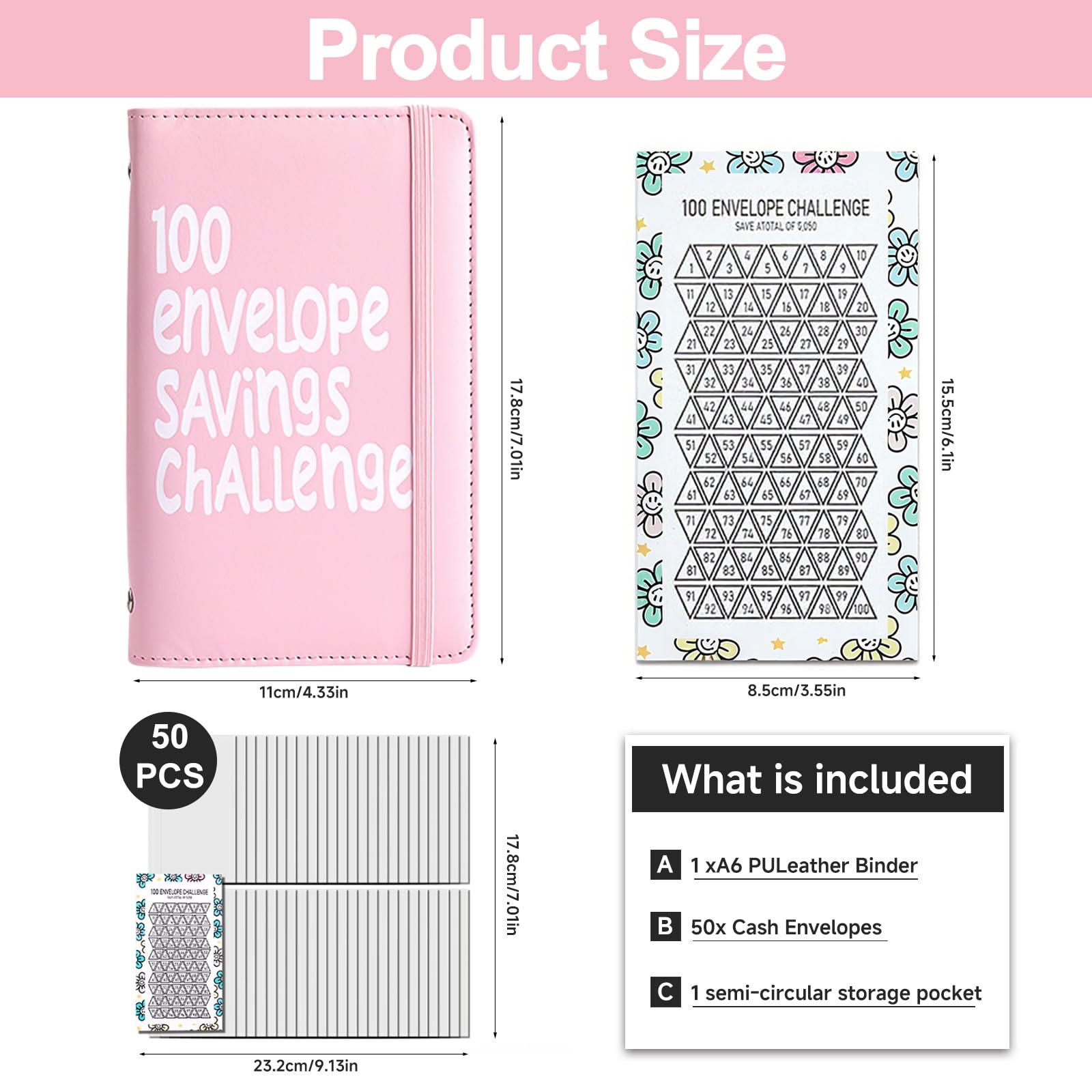 100 Envelope Savings Challenge Book, Reusable A6 Money Budget Binder or Cash Envelopes, Saving Challenges Book Easy and Fun Way to Save $5,050, Cash Wallet Envelope for School, Home, Office（Pink） - 3