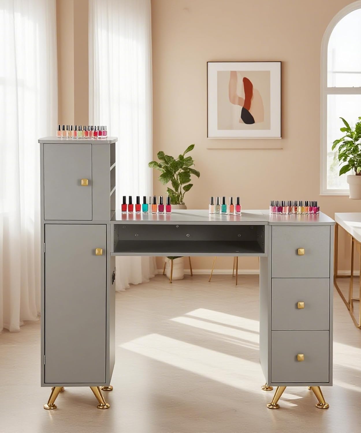 Gray Nail Table for Nail Tech, Nail Desk for Nail Tech, Manicure Table Nail Station for Makeup Beauty Spa Salon, w/2 Hand Rest, Pull-Out Storage Tray, 3-Tiers Shelves, Golden Legs