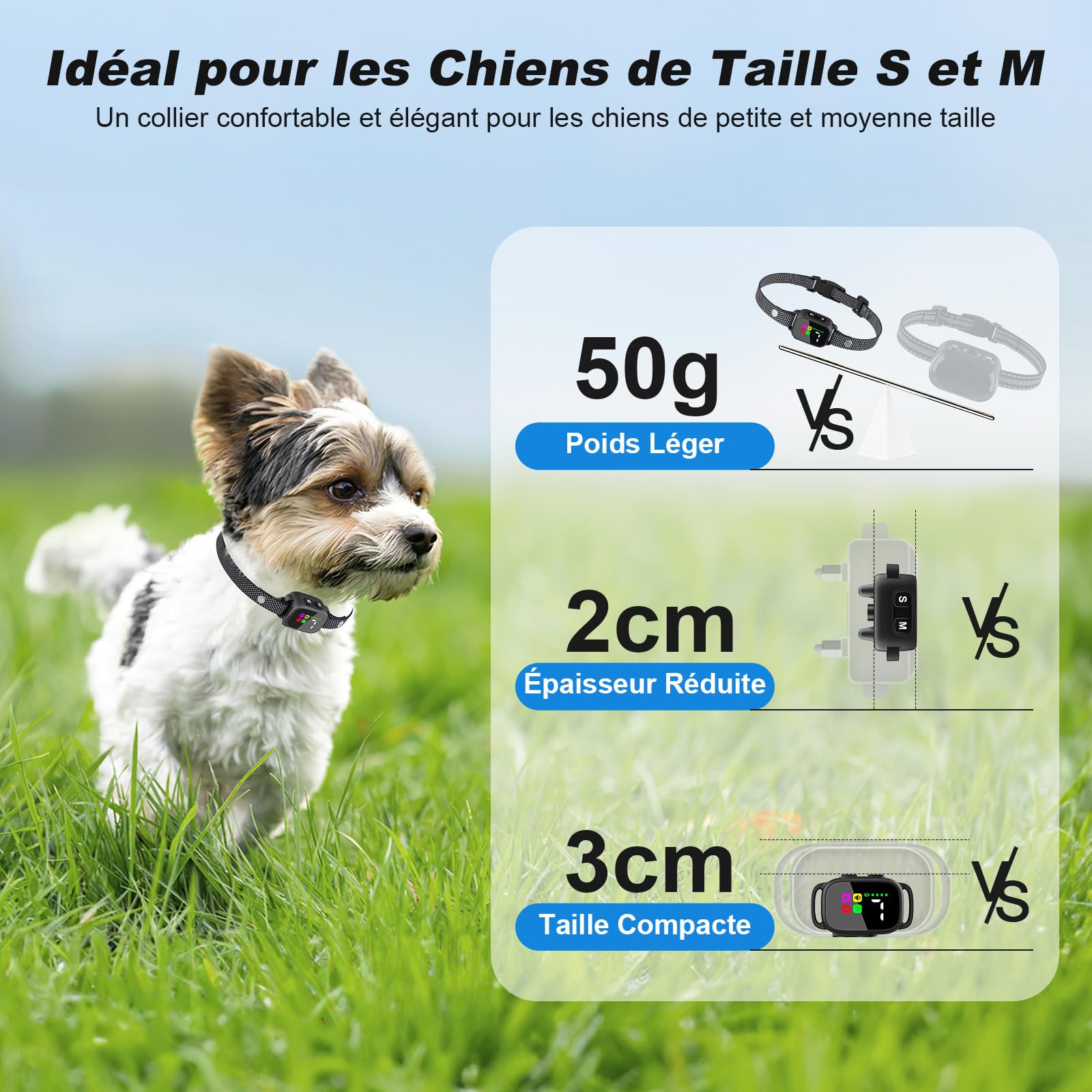 MASBRILL Collier Anti Aboiement pour Petits Chiens, Rechargeable Anti Aboiement Collier Dressage avec 3 Modes Son/Vibration, 7 Niveaux de Sensibilité