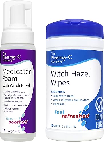 Pharma-C - Paquete de cuidado de la piel. Un recipiente de 40 toallitas de hamamelis y una almohadilla medicada para botella de 7.1 onzas (3