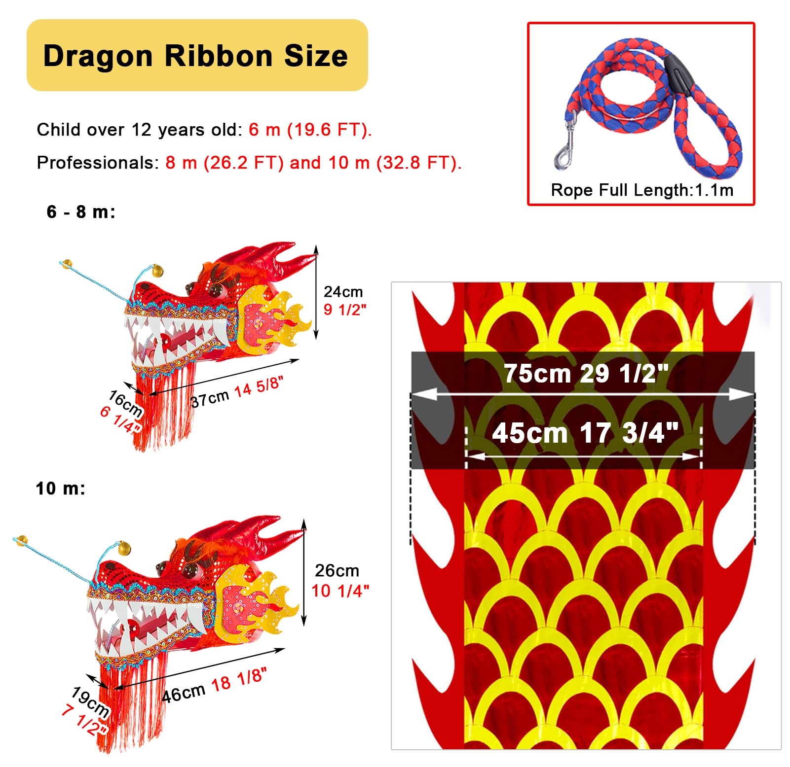 Ruban de danse du dragon – Ruban fluide chinois Dragon Poi, ensemble de banderoles de sport, fitness, danseuse de dragon for l'extérieur, ensemble de jeu léger et rythmique for bal/fête (taille : 10 m