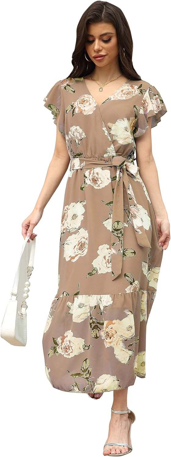 VintageClothing Womens Sundress Casual Floral Summer Boho Dress Flowy Wrap V Neck Ruffle A-Line Pleated Hem Midi Dresses - Image 4