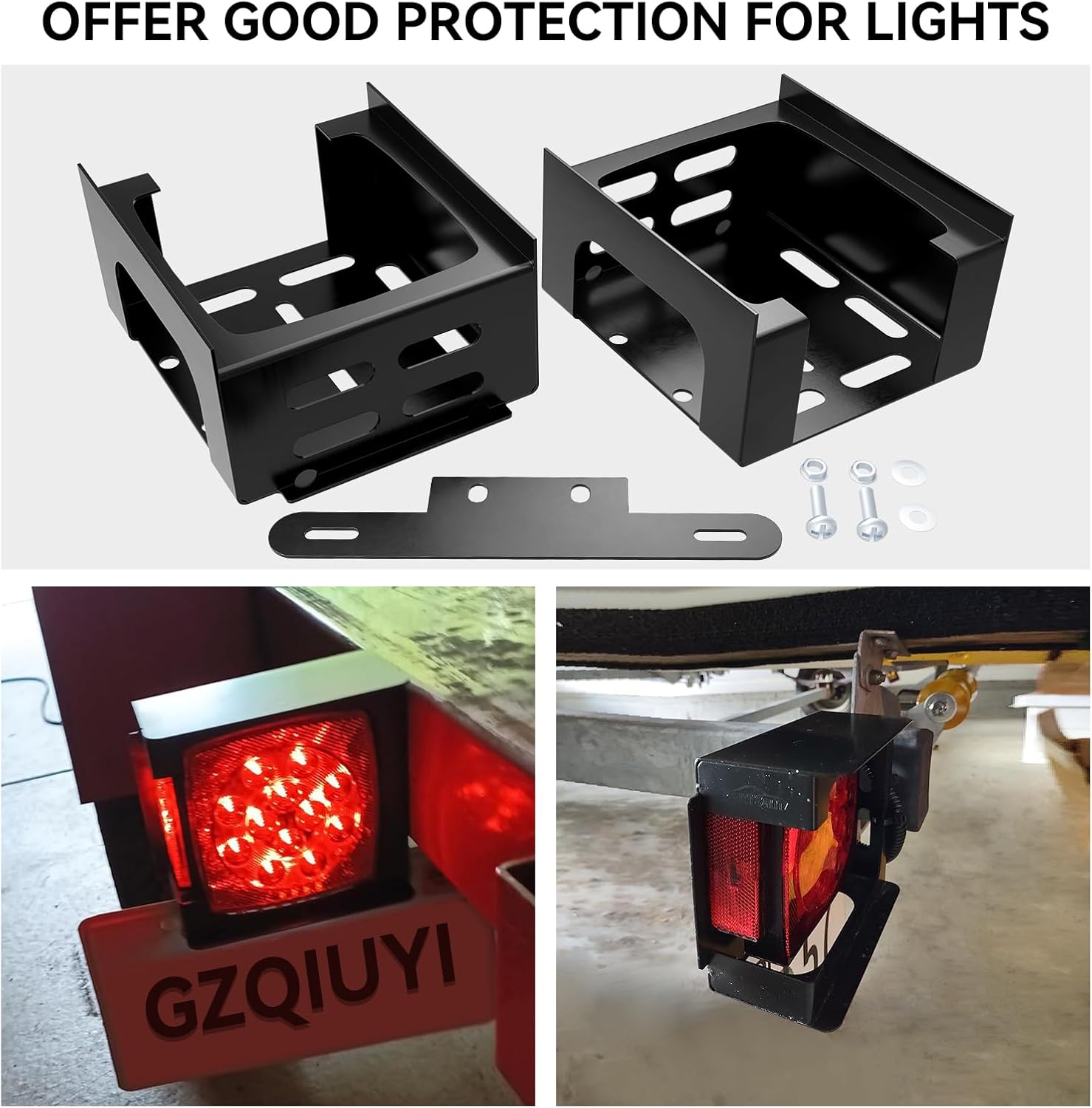 Trailer Lights Guards, Trailer Light Brackets, Pair Tail Lights Cover for Boat Trailers, Trucks, RVs, Heavy Duty Steel Square Tail Light Mounting Box with License Plate Bracket