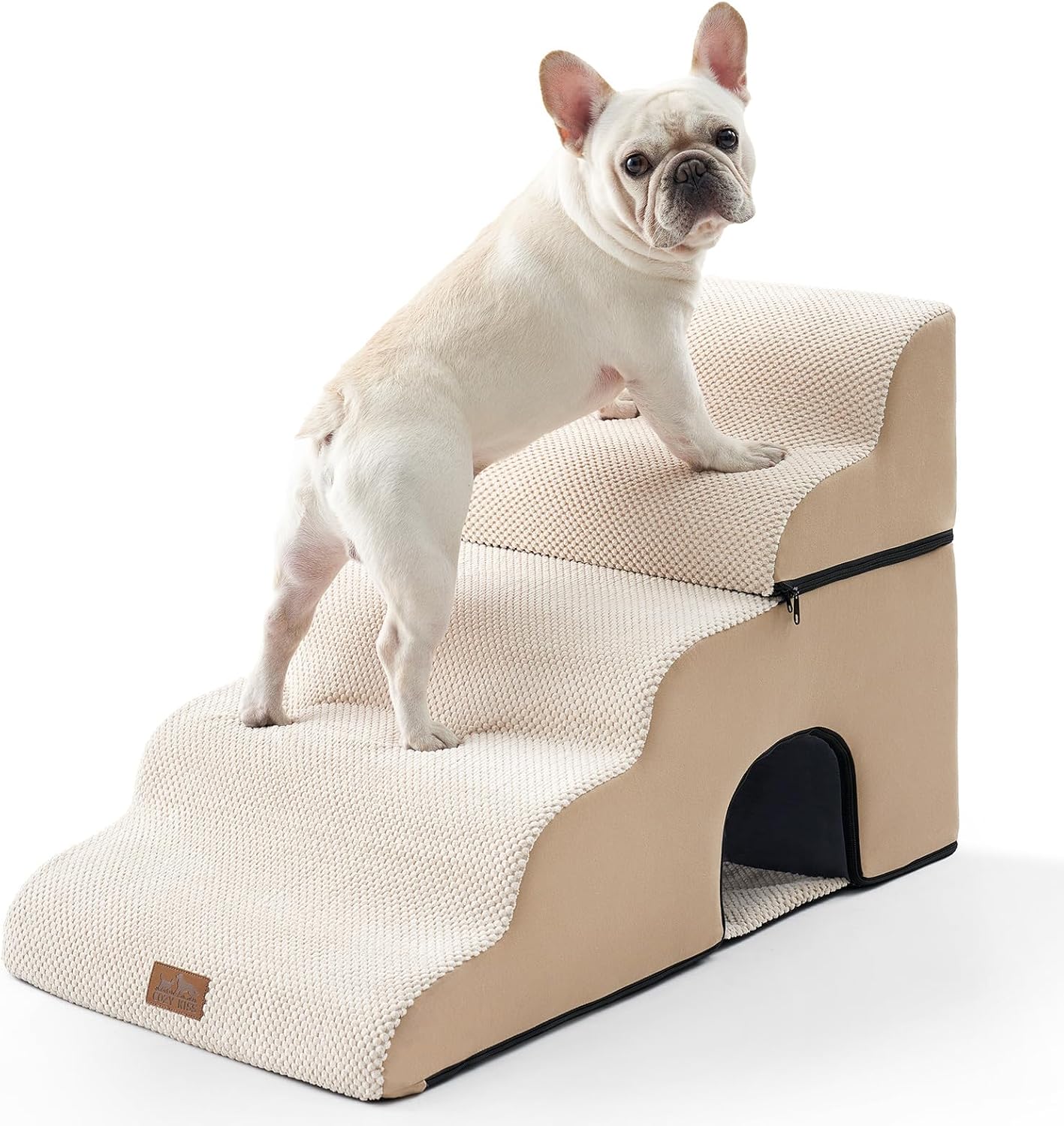 Dog Stairs with Tunnel, 5-Step Detachable Extra Wide Pet Stairs for Bed and Couch, 22.4" H Dog Step for Lowrider and Puppy, Elderly Cats, 17.7x33x22.4 inch, 5 Step, Beige
