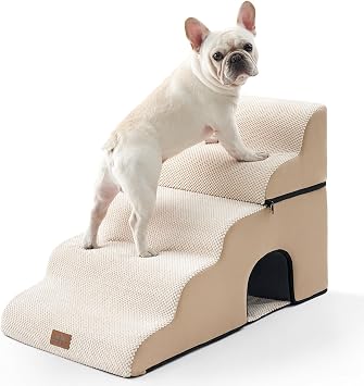 COZY KISS Dog Stairs for Small Pets, 3-Step 2-in-1 Transformable Pet Steps for Couch and Bed, 15.7 Inches High, Suitable for Old Cats and Puppies, Beige, 17.7 x 33 x 22.4 in