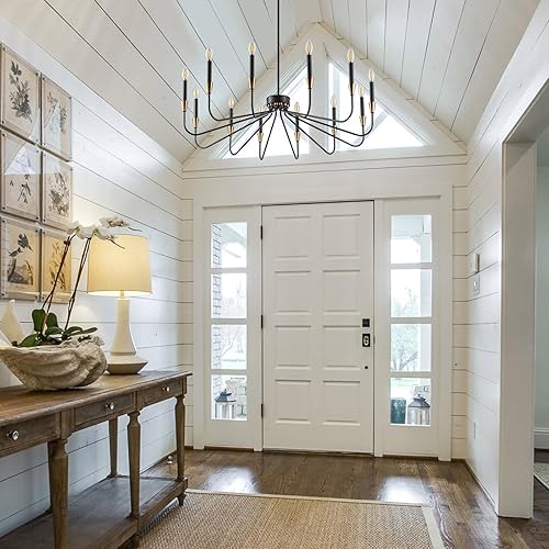 Miniatura 8 de Candelabros negros para comedor, lámpara moderna de 38 pulgadas, iluminación de entrada, 12 luces, color negro y dorado, lámpara de comedor grande