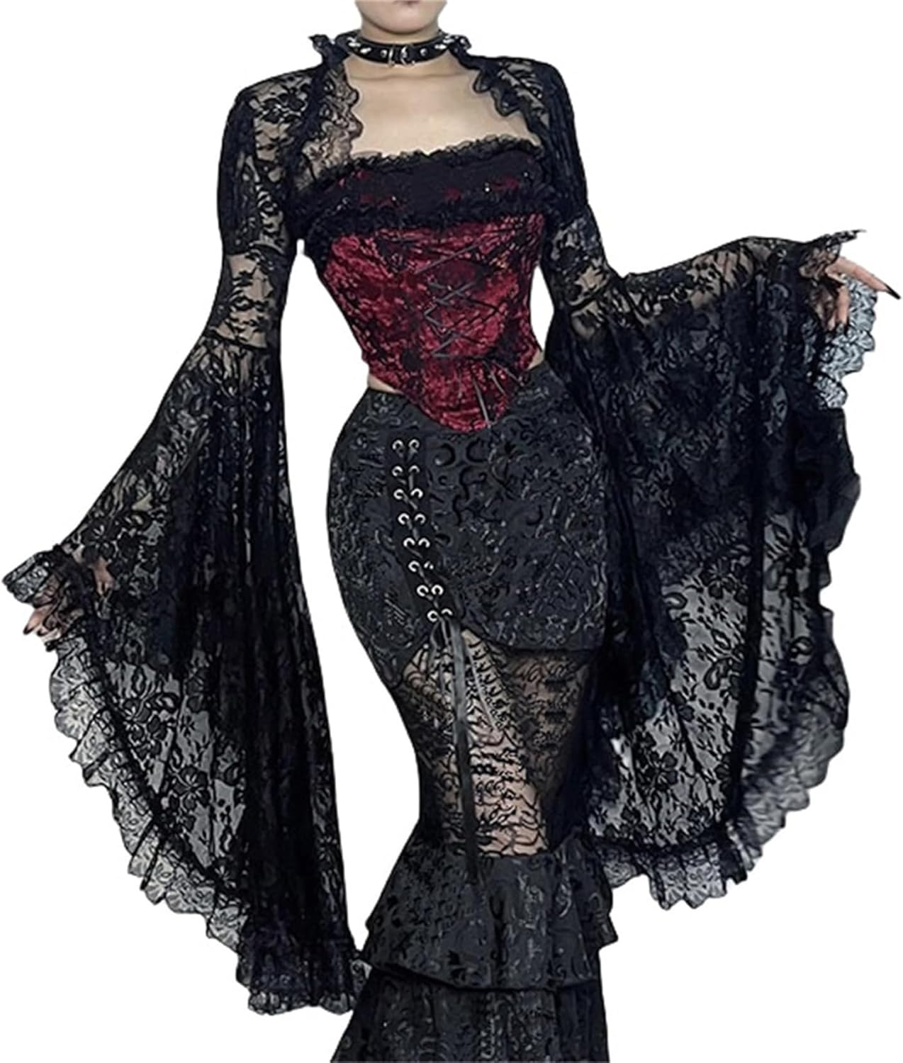 Women Retro Fairy Lace Sheer Bolero Crop Shrug Top - Floral Flared Long Sleeve See-Through Goth Evening Dress