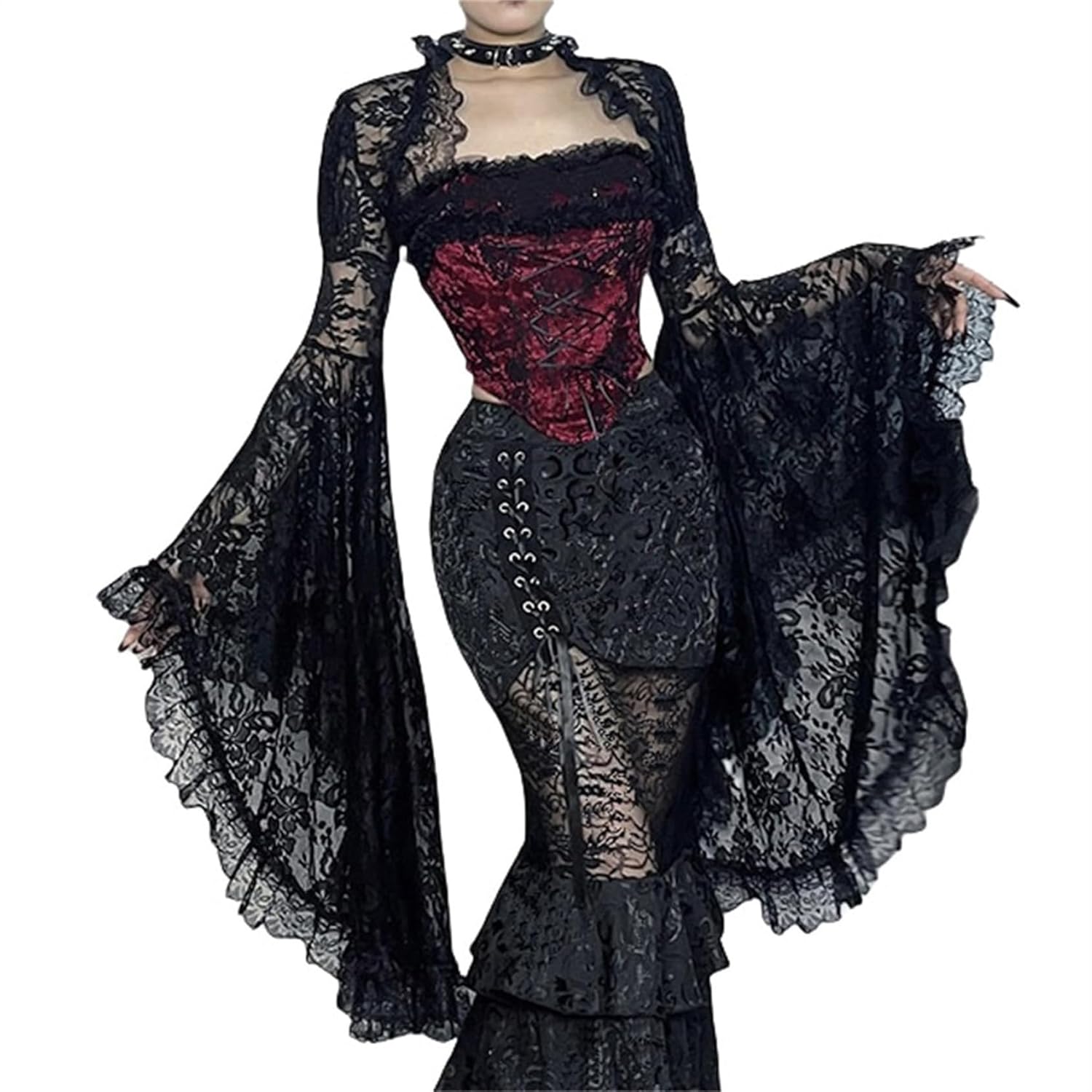 Women Retro Fairy Lace Sheer Bolero Crop Shrug Top - Floral Flared Long Sleeve See-Through Goth Evening Dress