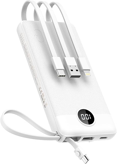 VEEKTOMX Power Bank with Built-in Cables, 10000mAh USB C Portable Charger with 5 Outputs and LED Display, External Battery Bank for iPhone/iPad/Samsung Galaxy and Other Smart Devices(10000mAh-White)
