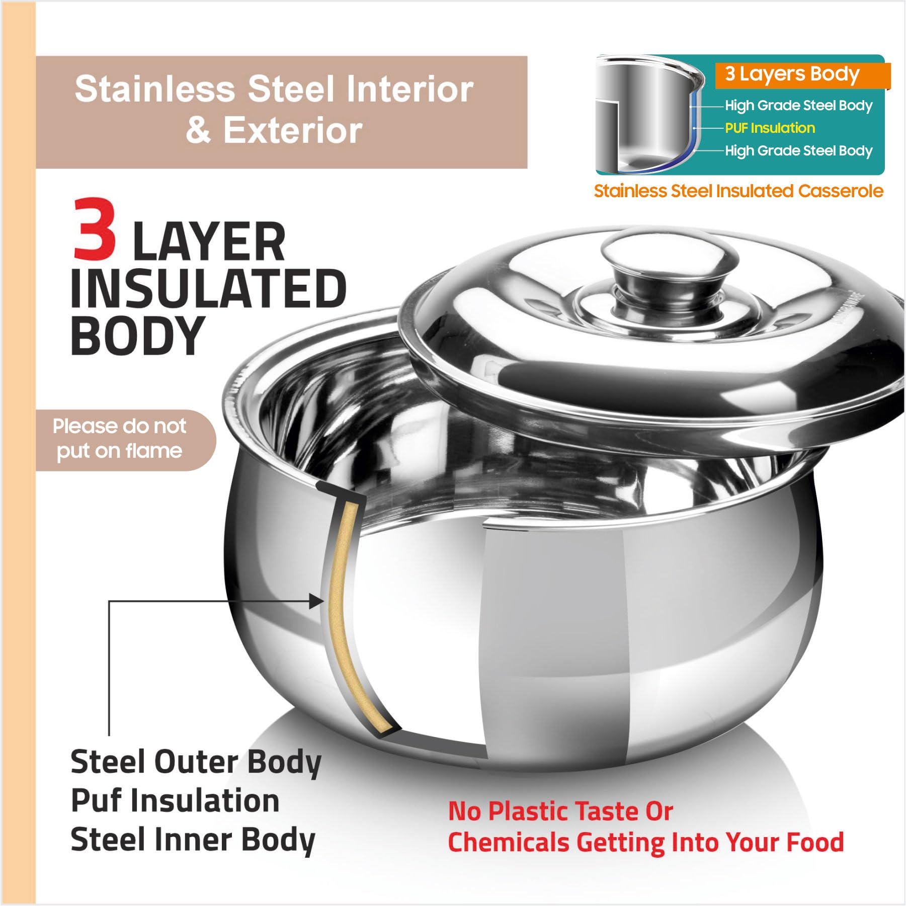 SIGNORA WARE Set di 3 grandi casseruole isolate con coperchio, in acciaio inox, per scaldavivande e insalata, contenitore termico per alimenti caldi, set regalo per mamme