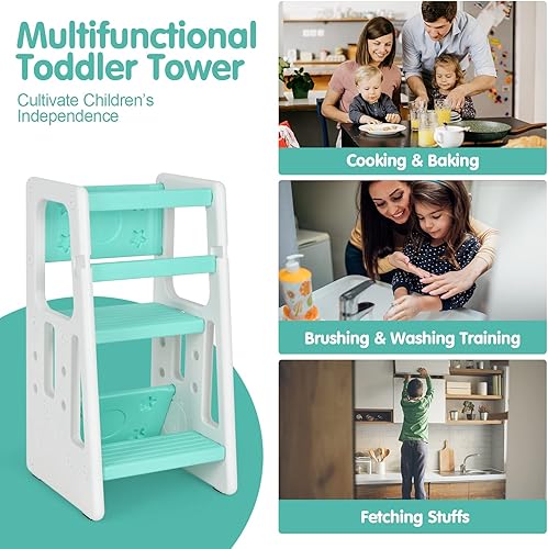 Miniatura 4 de Costzon Taburete de cocina para niños con doble riel de seguridad, taburete de aprendizaje para niños pequeños con 3 alturas ajustables y