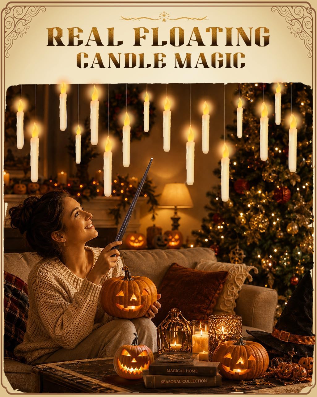 Flameless Floating Candles with Wand，20 Pcs Magic LED Hanging Taper Candles，Flickering Battery Operated Taper Candle with Wand Remote for Halloween Decorations image 2