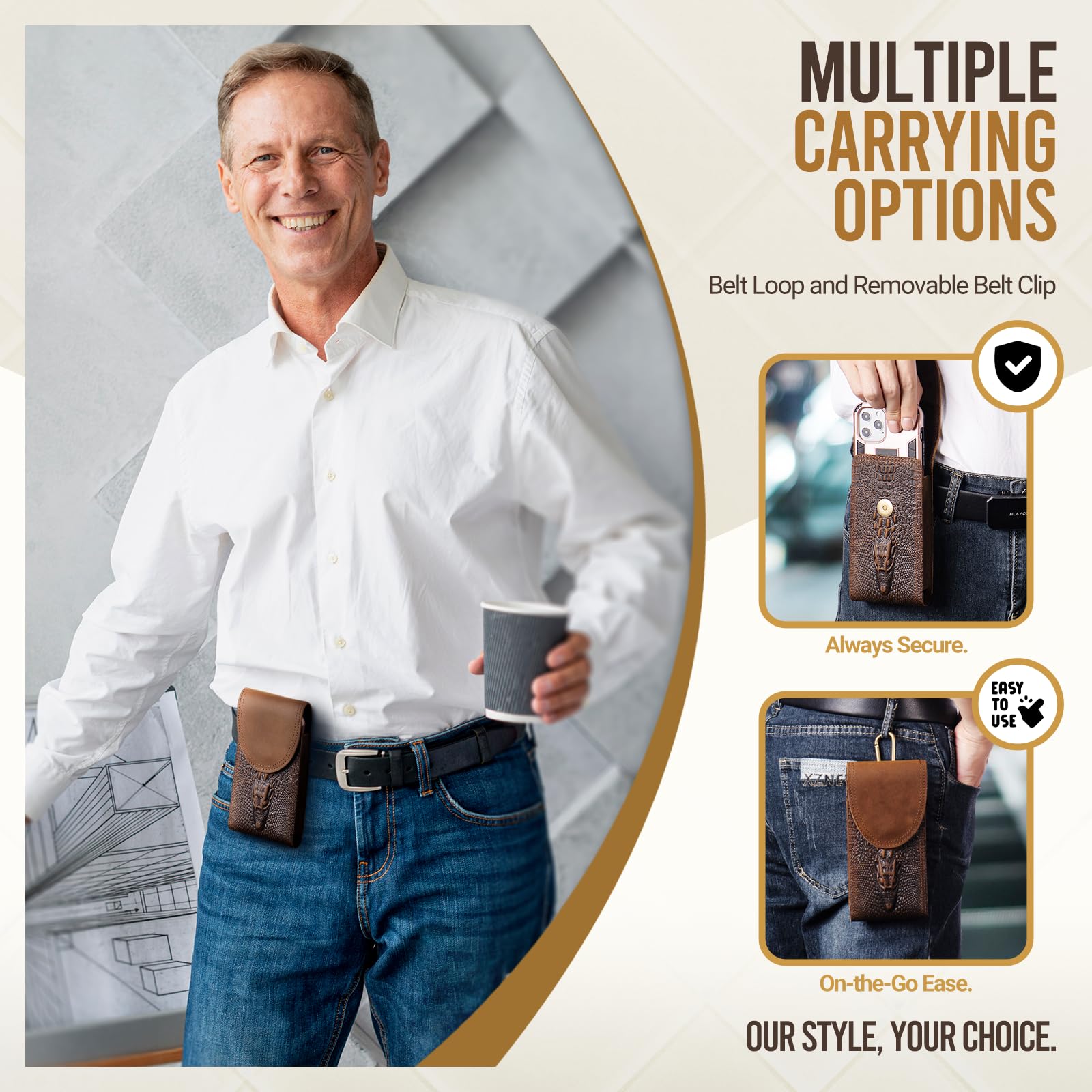 Genuine Leather Phone Holster Fits for iPhone 15 Pro Max 14 Pro Max 13 Pro Max Samsung Galaxy A14 A54 S23 Ultra S22 Ultra Note 9 8 Holster Belt Clip Pouch Case Cell Phone Holder (Retro Brown)