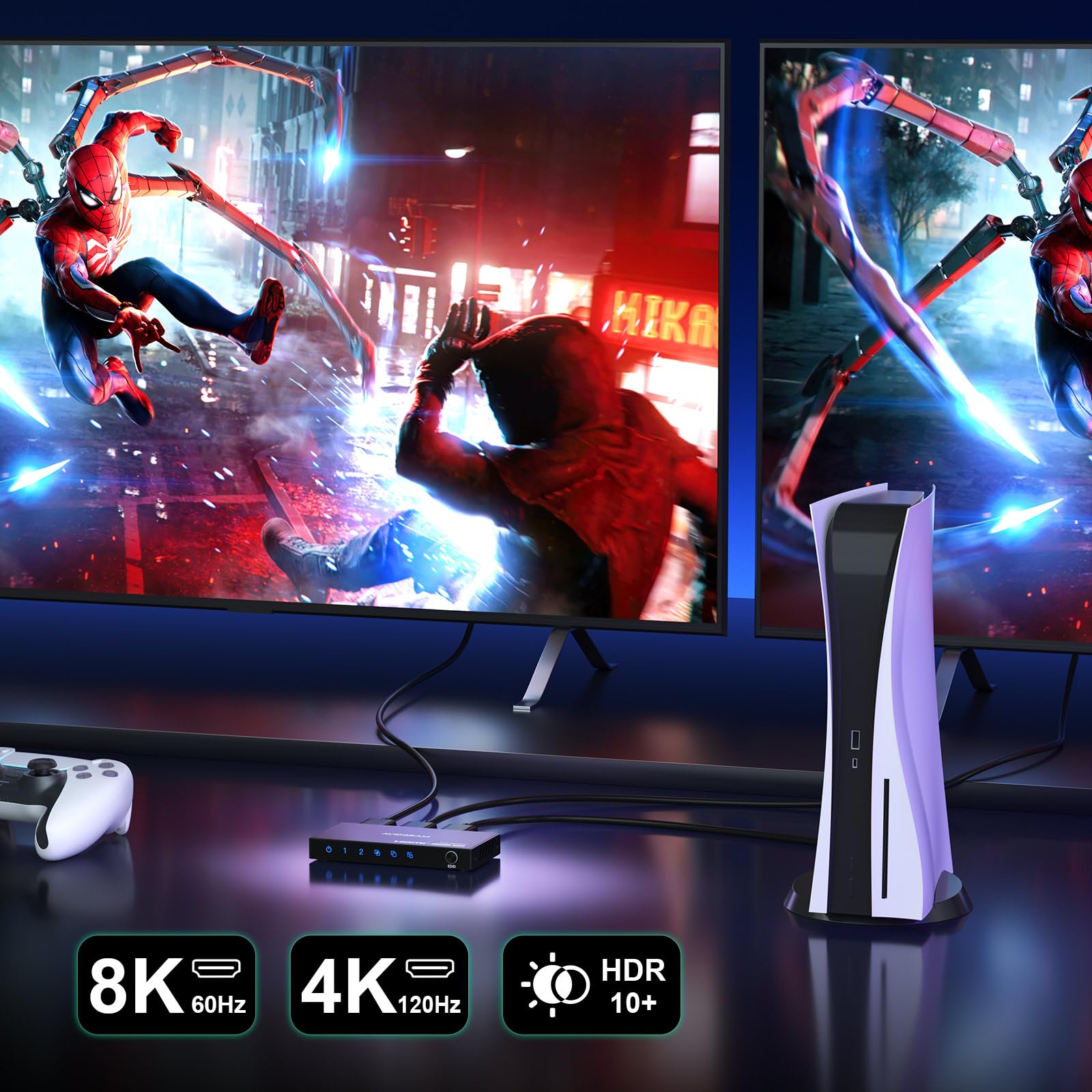 Splitter HDMI 1 in 2 Out 8K 60Hz, AVIDGRAM 2.1 HDMI Distributore 1 in 2 Out con downscaler, copia e supporto per la modalità automatica 4K 120Hz, 1080p 120Hz, HDMI2.0, HDCP 2.3 HDR10 40Gbps