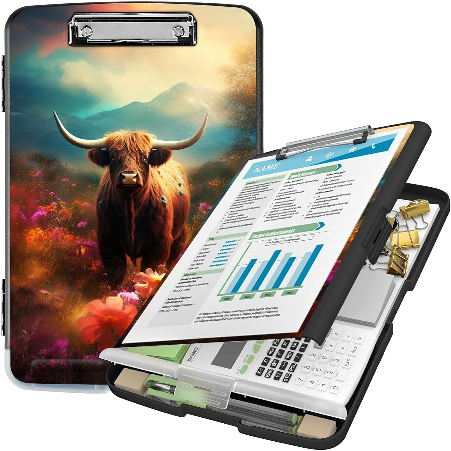 Clipboard with Storage -BFDHGQZC High Capacity Plastic Nursing Clipboards with Pen Holder Clipboard with File Folder Storage with Heavy Duty Clips for Teacher,Doctor,Offices,Cow in Colorful Flower