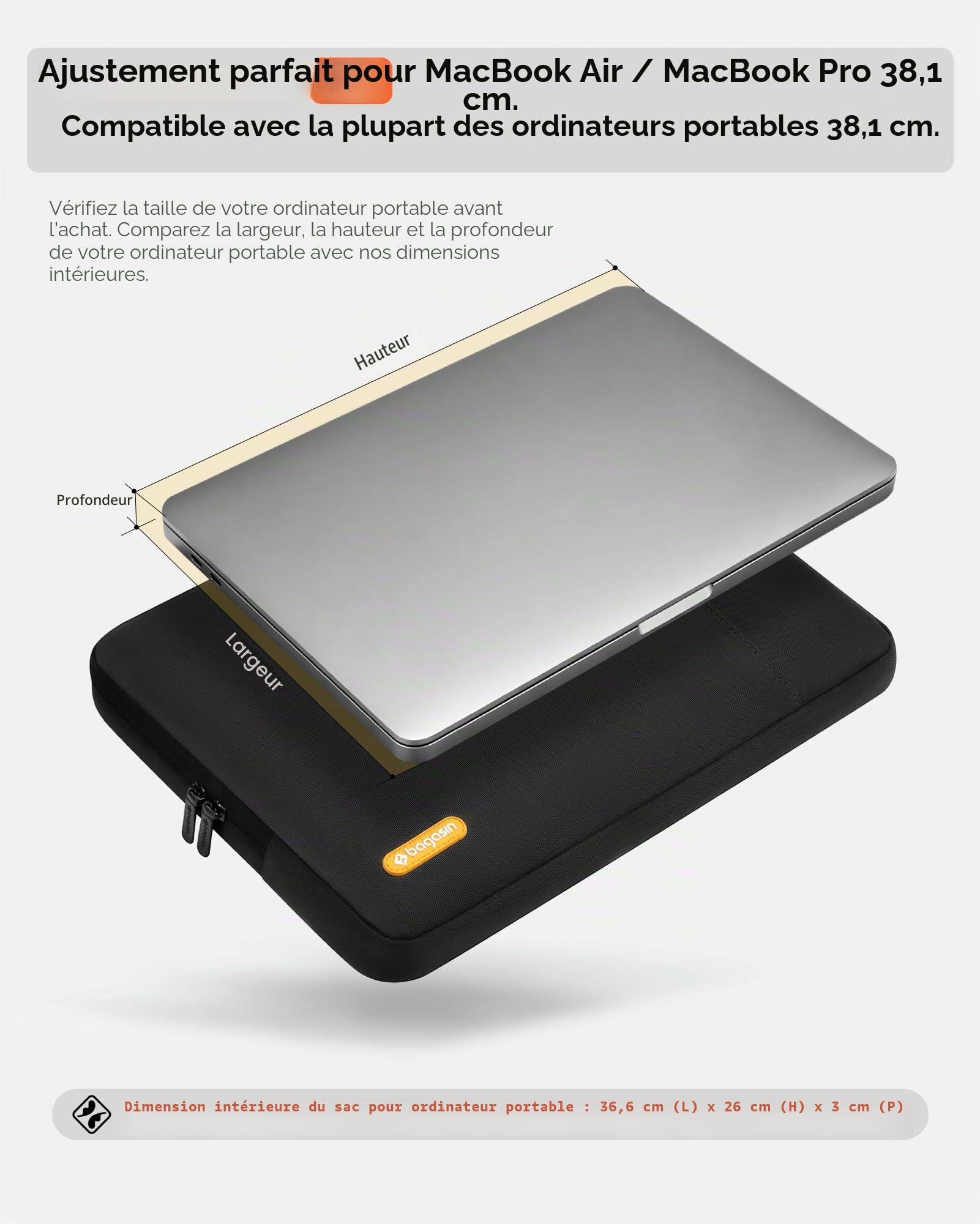 bagasin Housse ordinateur portable 15 15,6 16 pouces avec poche accessoires, compatible avec MacBook Air M5 A3448, M4 A3241, M3 A3114, M2 A2941 (2026–2023), Dell XPS, résistante à l’eau et à la saleté