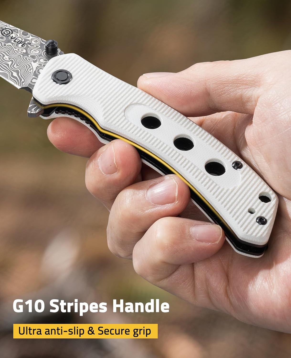 CVLIFE Damascus Pocket Knife for Men, 3.26" EDC Folding Knife Forged with 66-Layer VG10 Steel, Smooth Flipper Open Pocket Knives with G10 Handle for Camping Hiking Everyday Carry, White