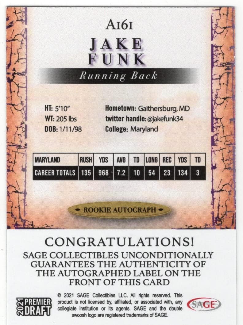 Jake Funk Autographed Premier Draft Collectible Football Card - 2021 Sage Premier Draft Football Card #A161 (Rams) Free Shipping & Tracking