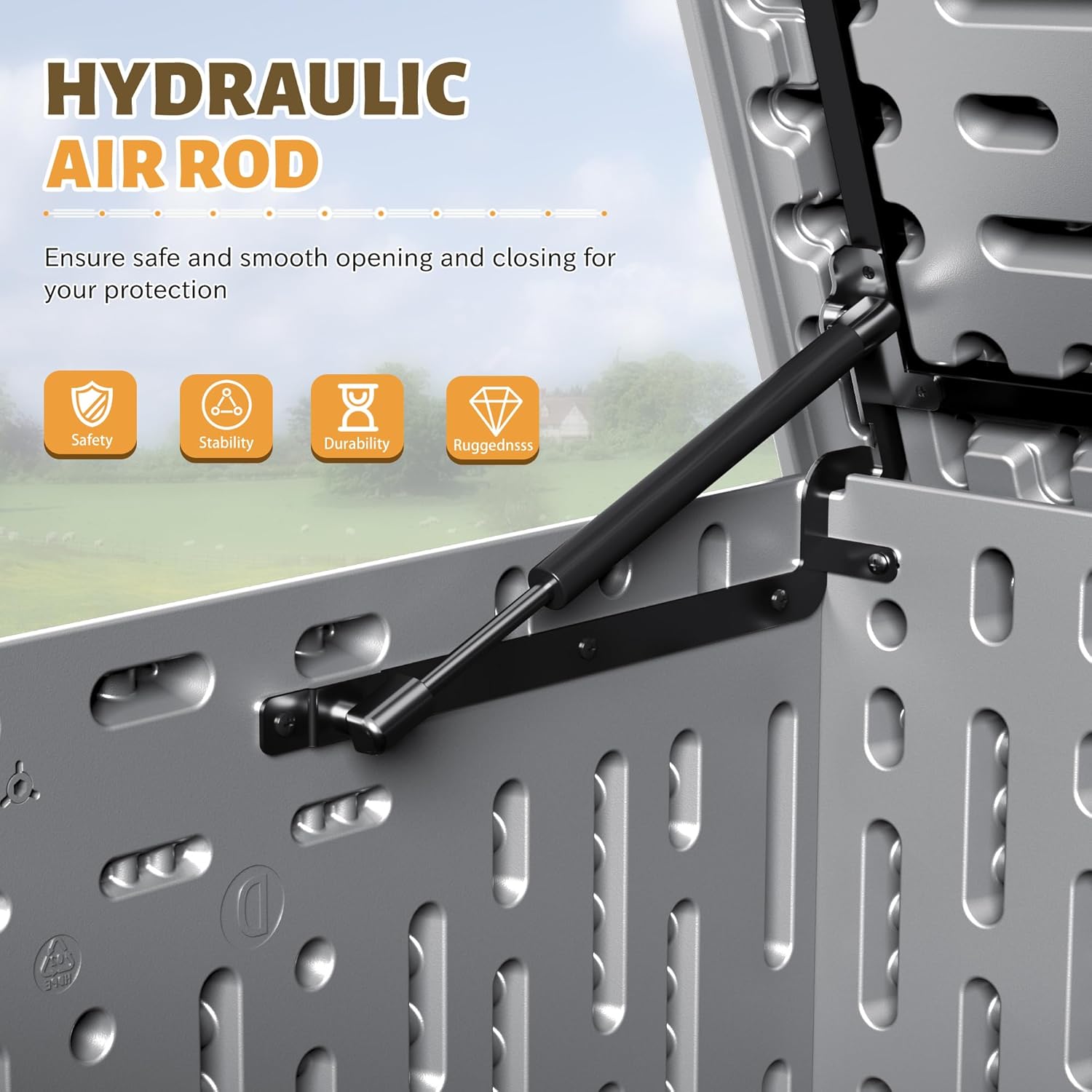 Close-up of the hydraulic air rod mechanism on the deck box lid, emphasizing safety and smooth operation.
