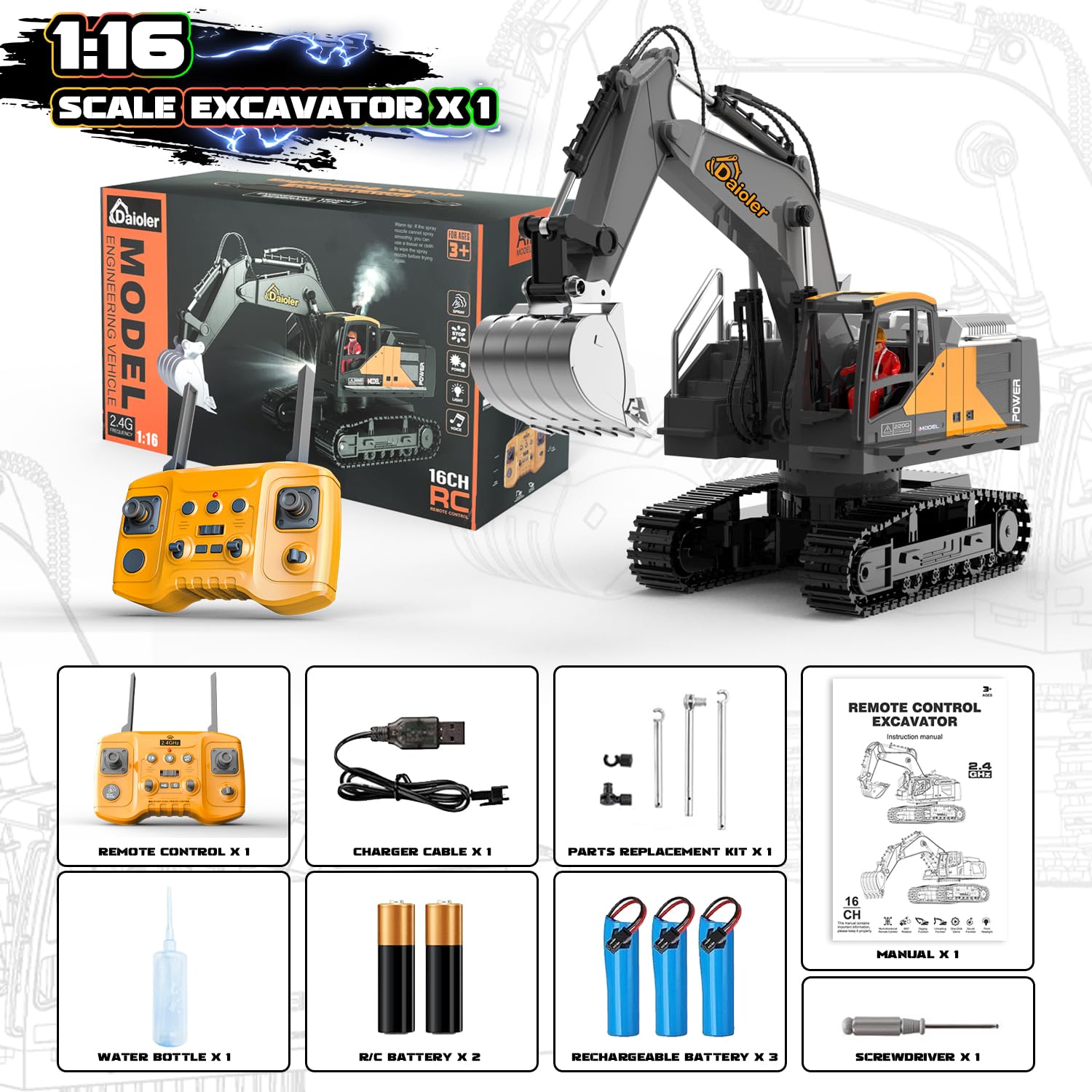 Rc Escavatore giocattolo da costruzione per bambini 3-12, auto telecomandata con spray, pala in metallo /3 × batteria /680° rotazione/luce, escavatore idraulico per ragazzi compleanno