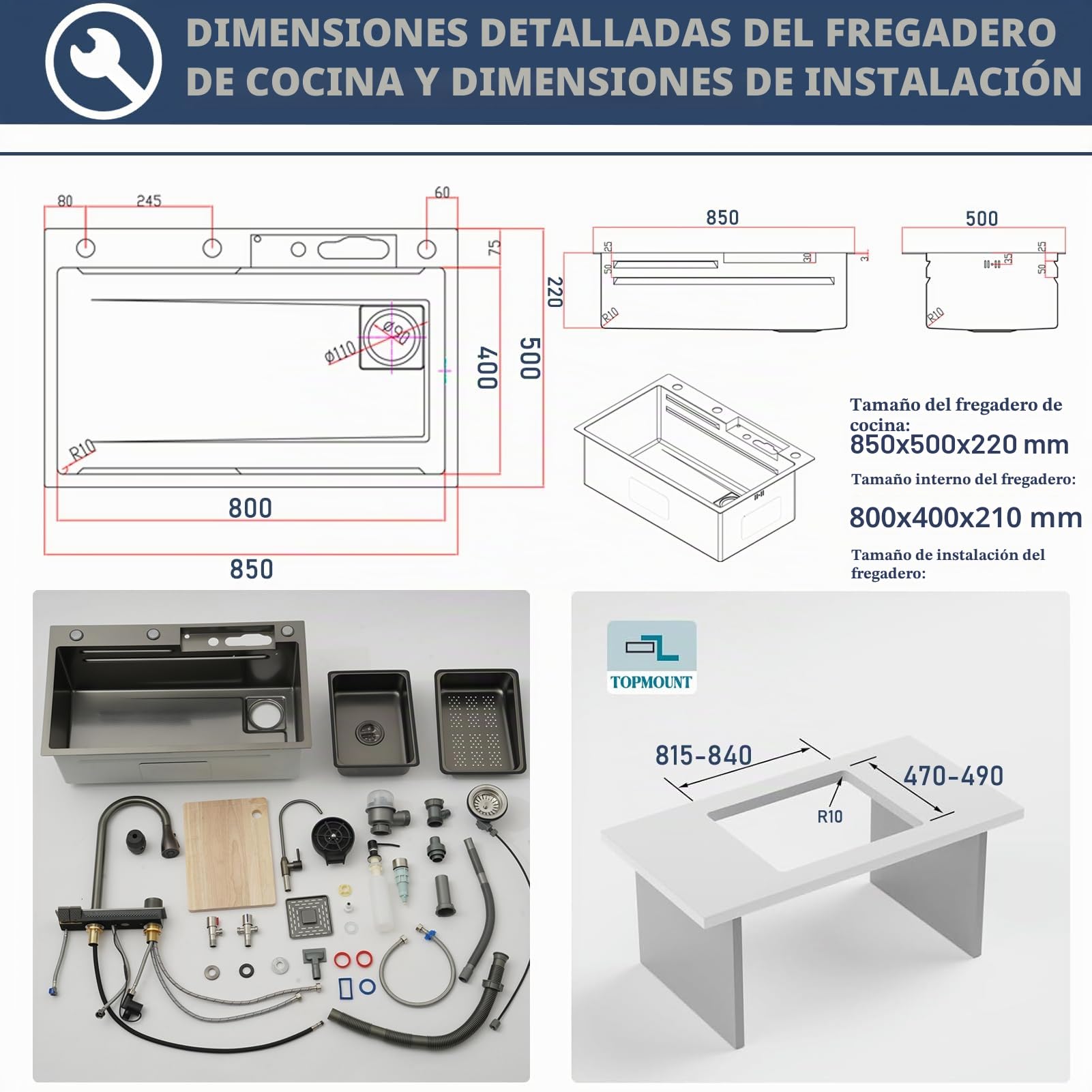 Fregadero de cocina con cascada, 85 x 50 cm, acero inoxidable cepillado 304, fregadero de cocina con pantalla digital, lavabo grande con cesta de drenaje, tabla de cortar, sifón, componente de desagüe
