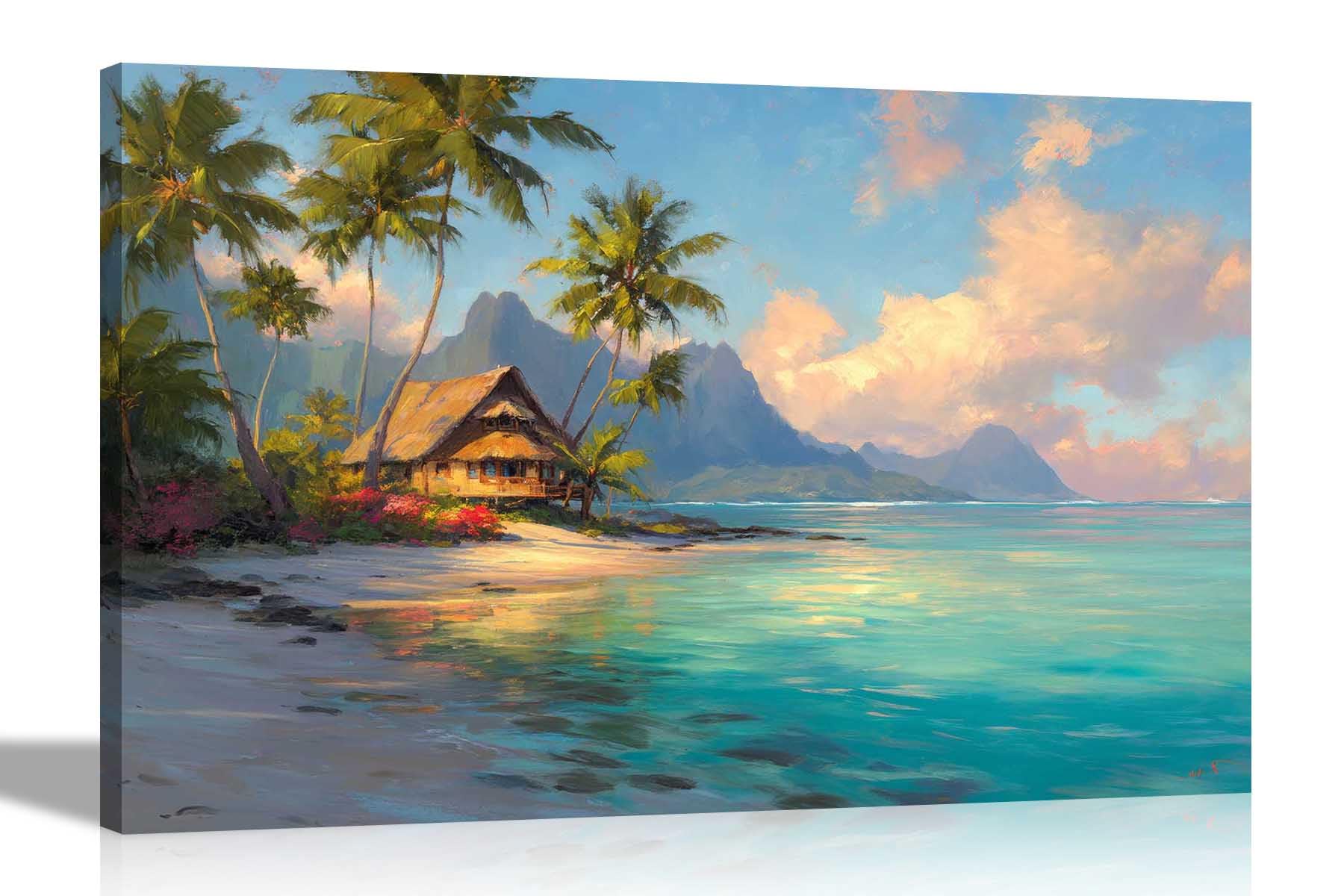 Artley Prints Cribean Mountinan Seashore - Caribbean Mountain Tropical Hut Canvas Prints Landscape Pictures For Living Room Décor Ready To Hang 40 X 30Cm (16 X 12 Inches) A3