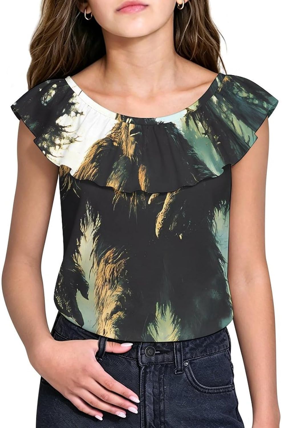 Bigfoot in The Woods Girls T-Shirts Top Ruffle Short Sleeve Blouse Casual Graphic Tees