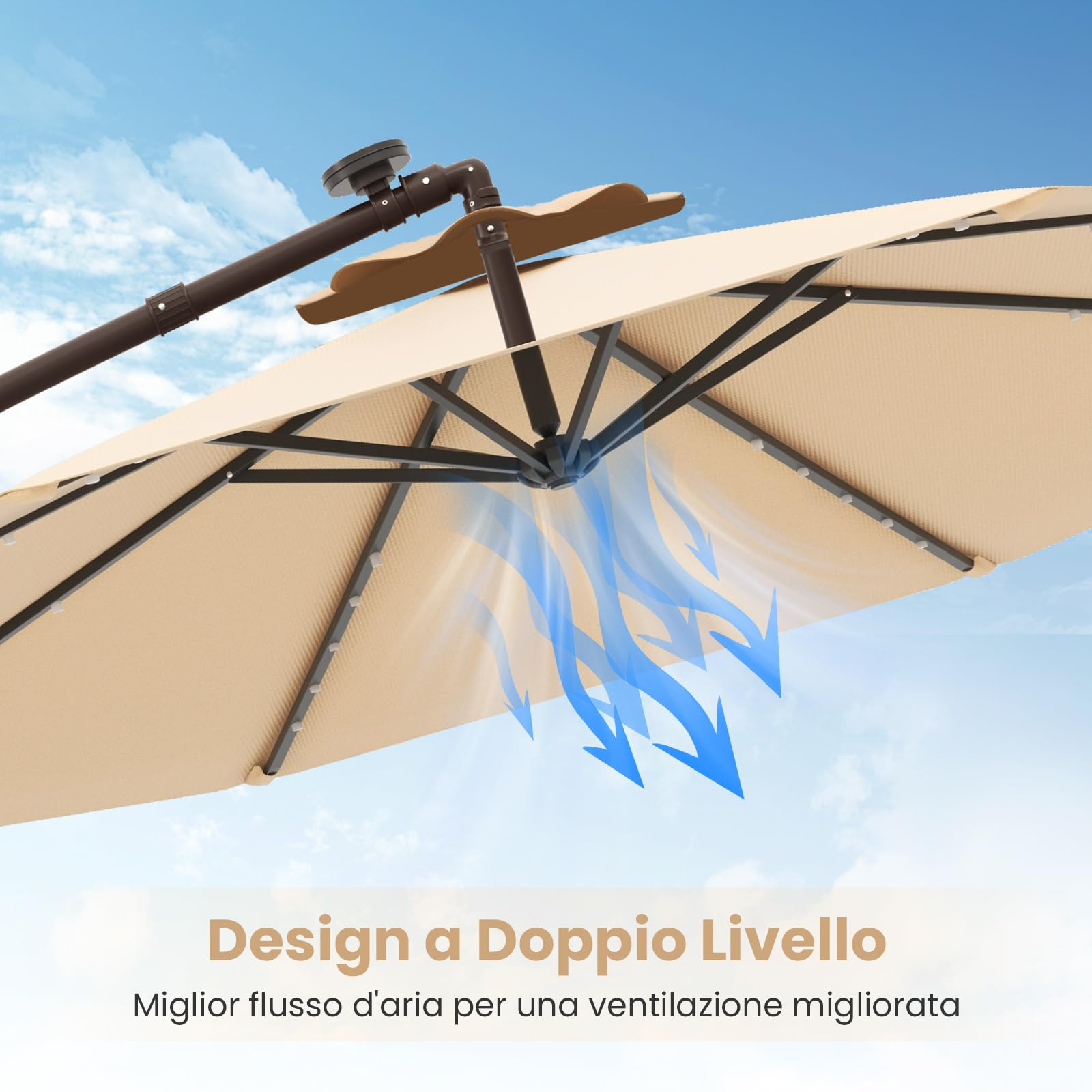 COSTWAY Ombrellone da Giardino 300 cm, Luci LED Solari, Anti-UV, Inclinazione Regolabile, Manovella, Beige