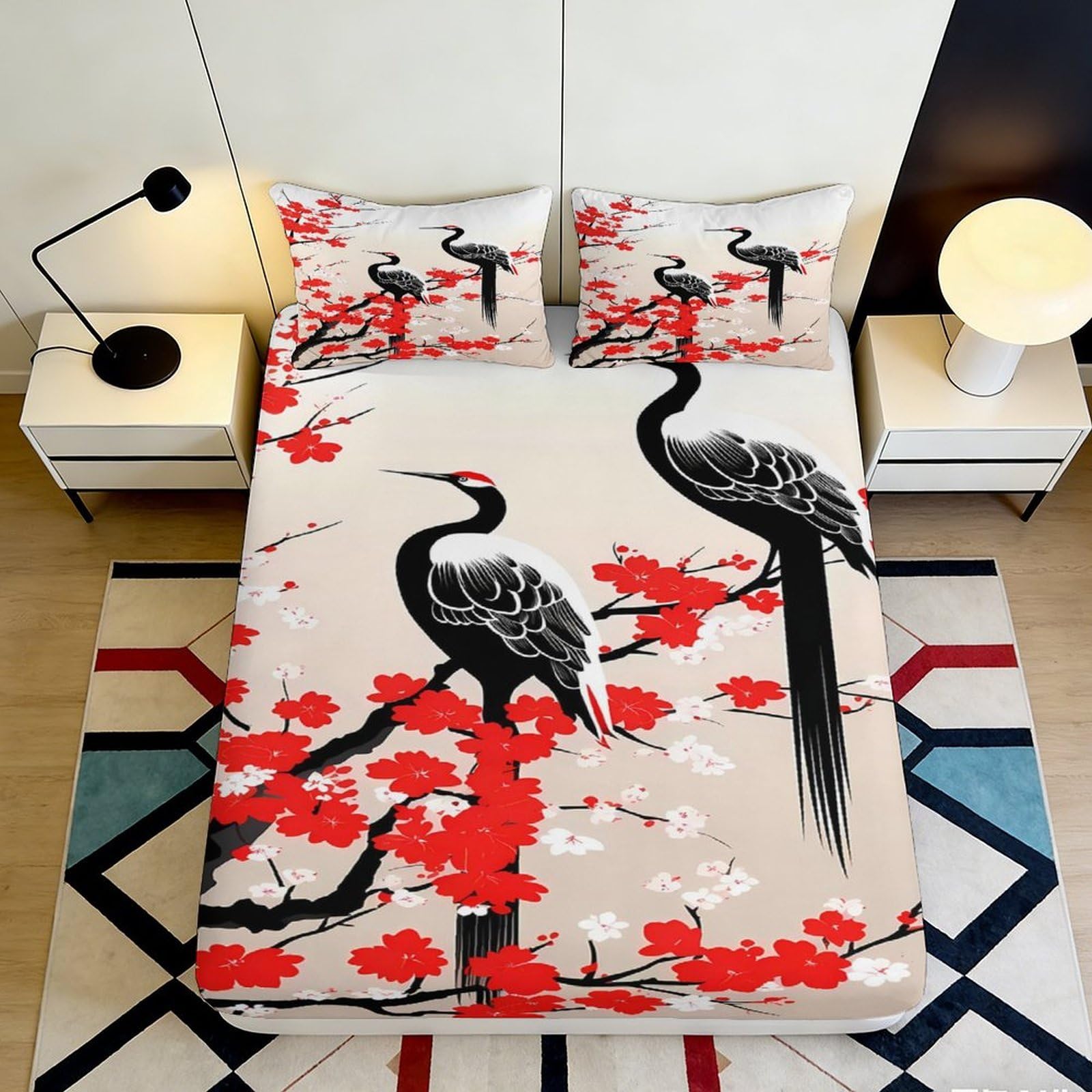 3D Printed Red Crane Fitted Sheet Microfiber Soft Breathable Cherry Blossom Bed Cover for Bedroom Dormitory Guest Room Mattress Protection Decor 120x200x25cm