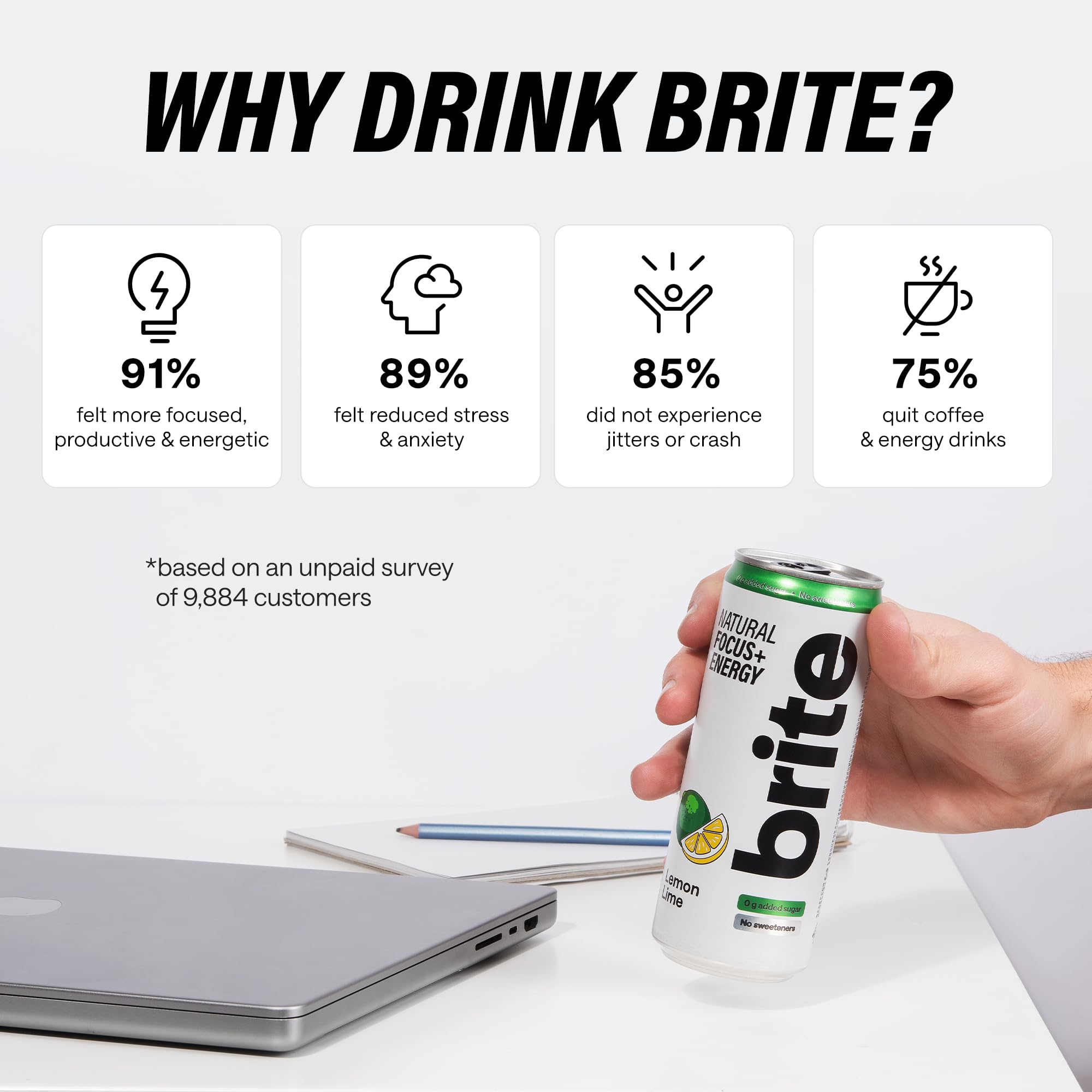 Brite Natural Focus. Boisson énergisante et alternative au café pour améliorer la productivité. À base de plantes, faible en calories, végétalienne, sans gluten. Mix 12 x 330 ml.
