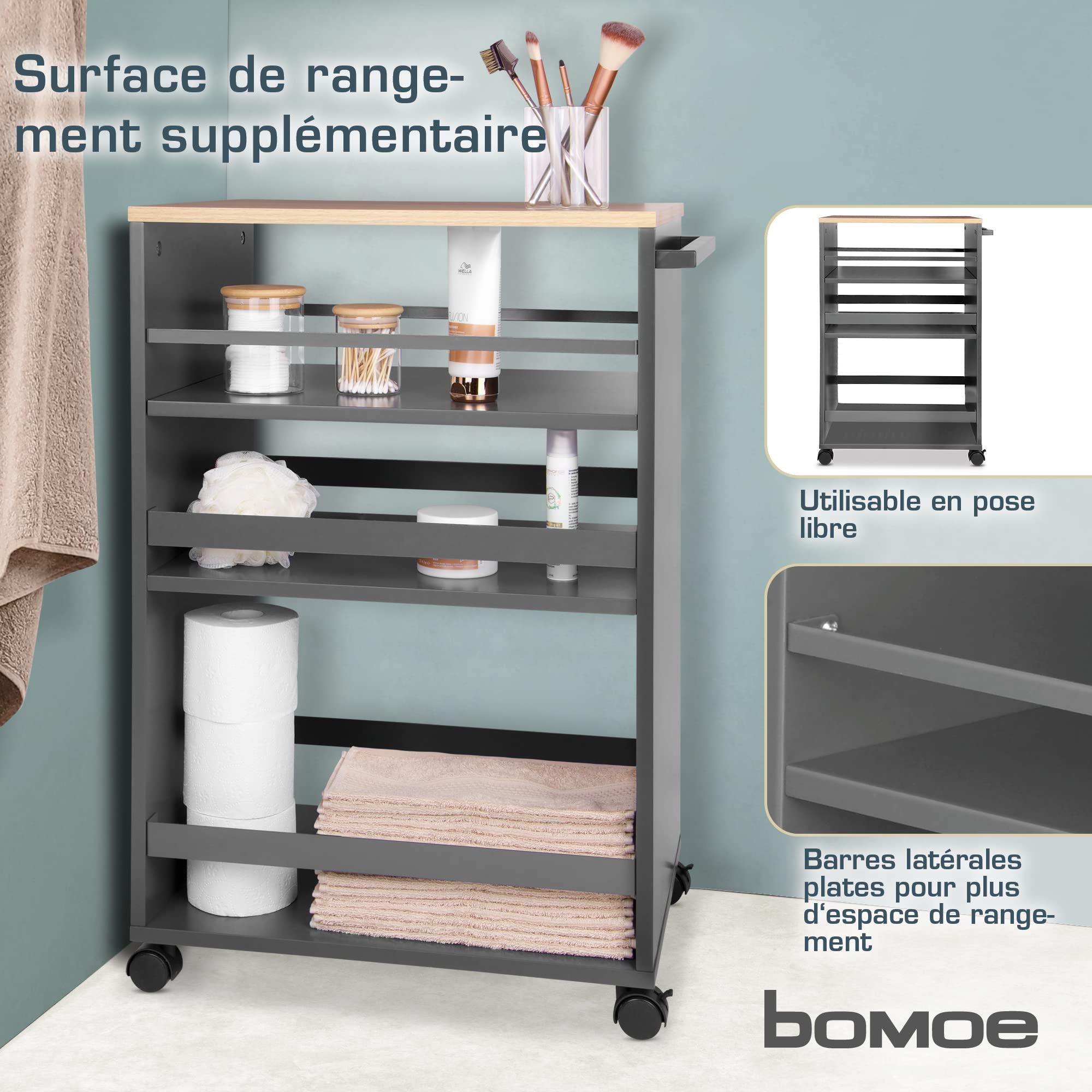 BOMOE Chariot de Rangement desserte à 4 roulettes avec 3 étagères et Plan | 50x79x38cm anthracite et chêne haute qualité étagère cuisine salle de bain Travail FSC service niche roulant Bengt