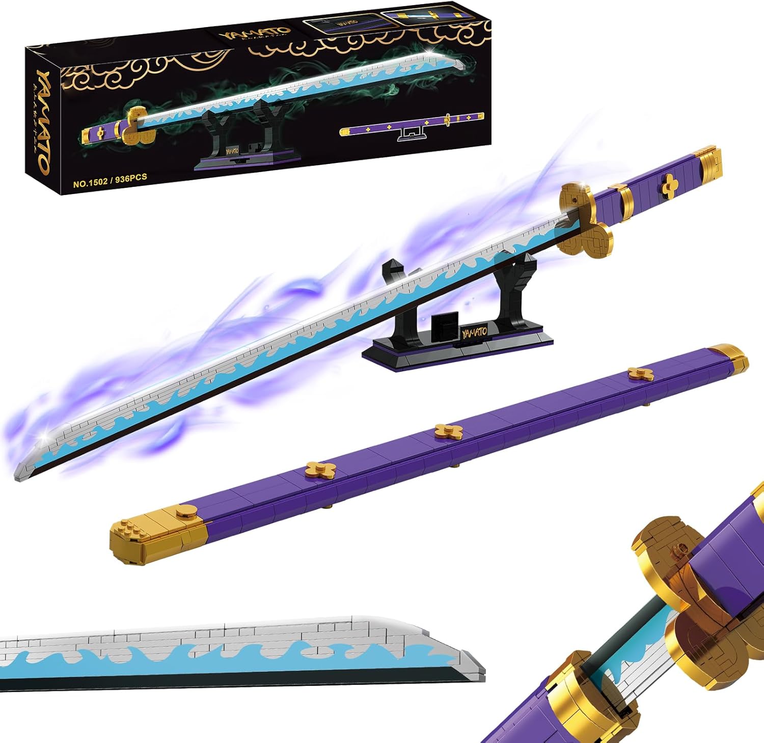 Anime Sword Building Set 936 Pieces Yamato Sword Model with Scabbard & Stand Japanese Samurai Cosplay Prop Construction Toy Hell King Style Blade Gift for Adults and Teens