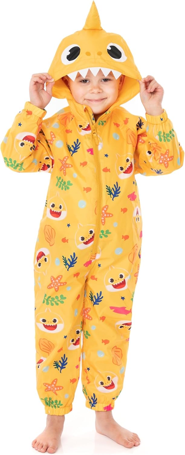 Baby Shark Kids Puddle Suit | Boys & Girls All In One Rain Coat | Yellow Long Sleeve with Cuffs Play Walking Jacket