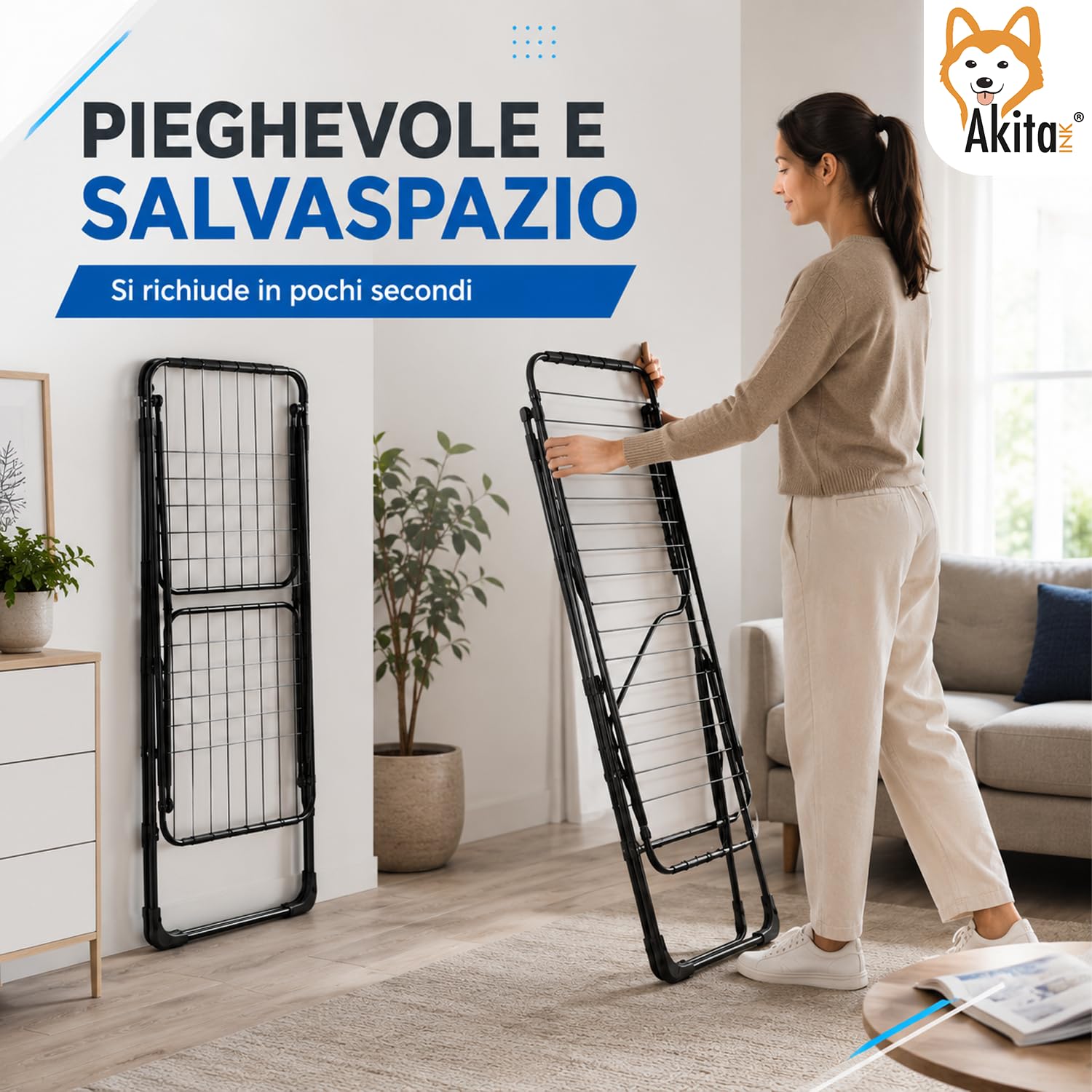 AKITAInk Stendibiancheria WINGSLUX Nero da Pavimento, 18 m di Stenditura, Pieghevole in Acciaio con Supporto Calzini e Piedini Antiscivolo