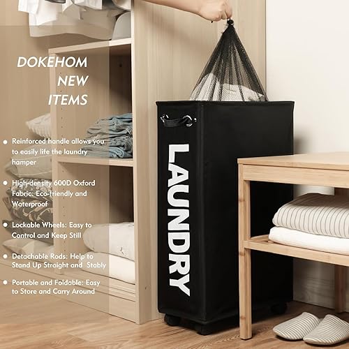 Miniatura 2 de DOKEHOM Cesta de lavandería delgada ampliada de 29 pulgadas con bolsa de lavado extraíble sobre ruedas, cesta rodante plegable para ropa sucia,