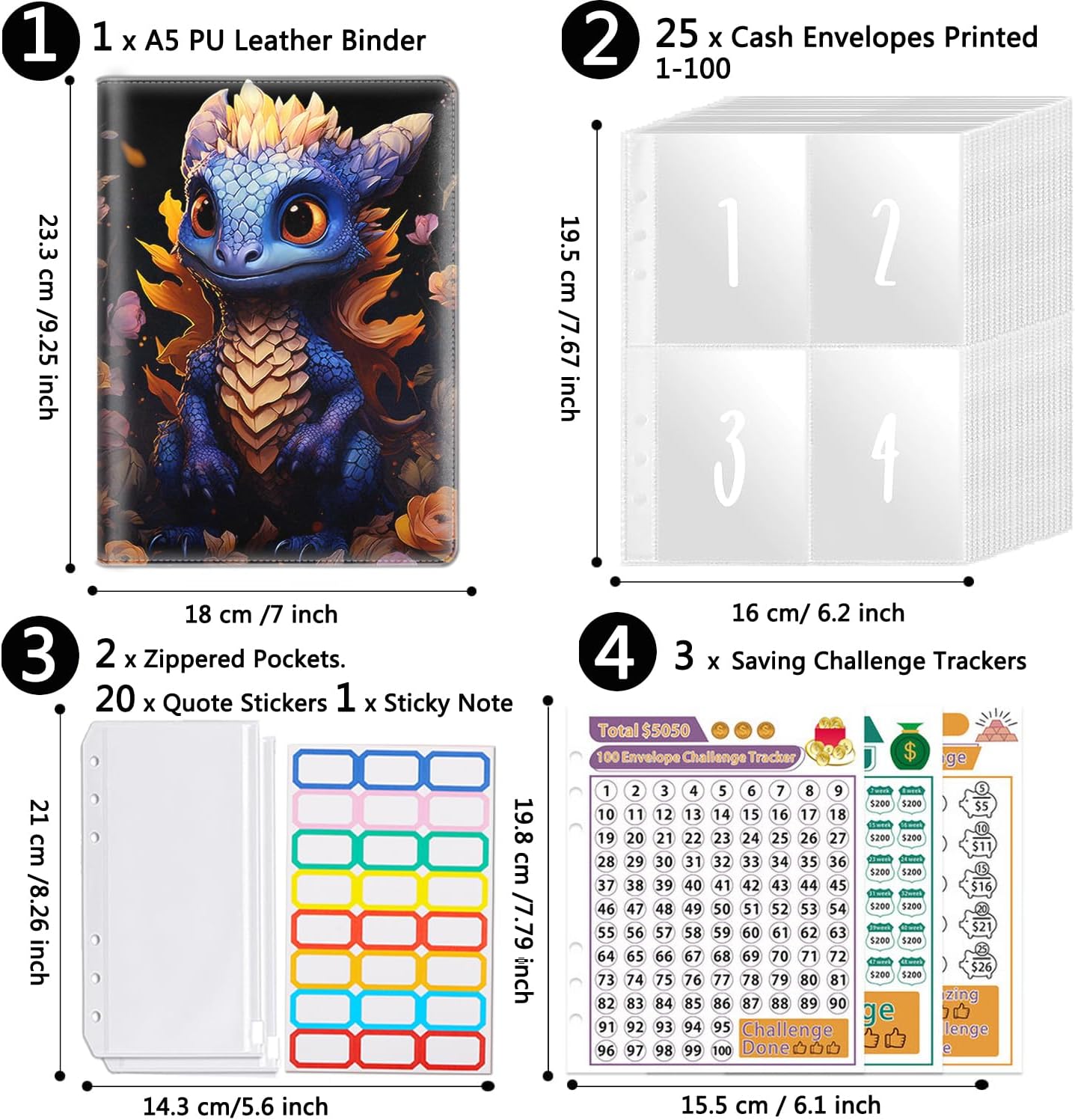 100 Envelopes Money Saving Challenge, A5 Budget Binder with Cash Envelopes & 3 Budgeting Planner Trackers to Save $5,050, 10,000, 500, Money Savings Challenge Book for Organizer, Baby Dragon