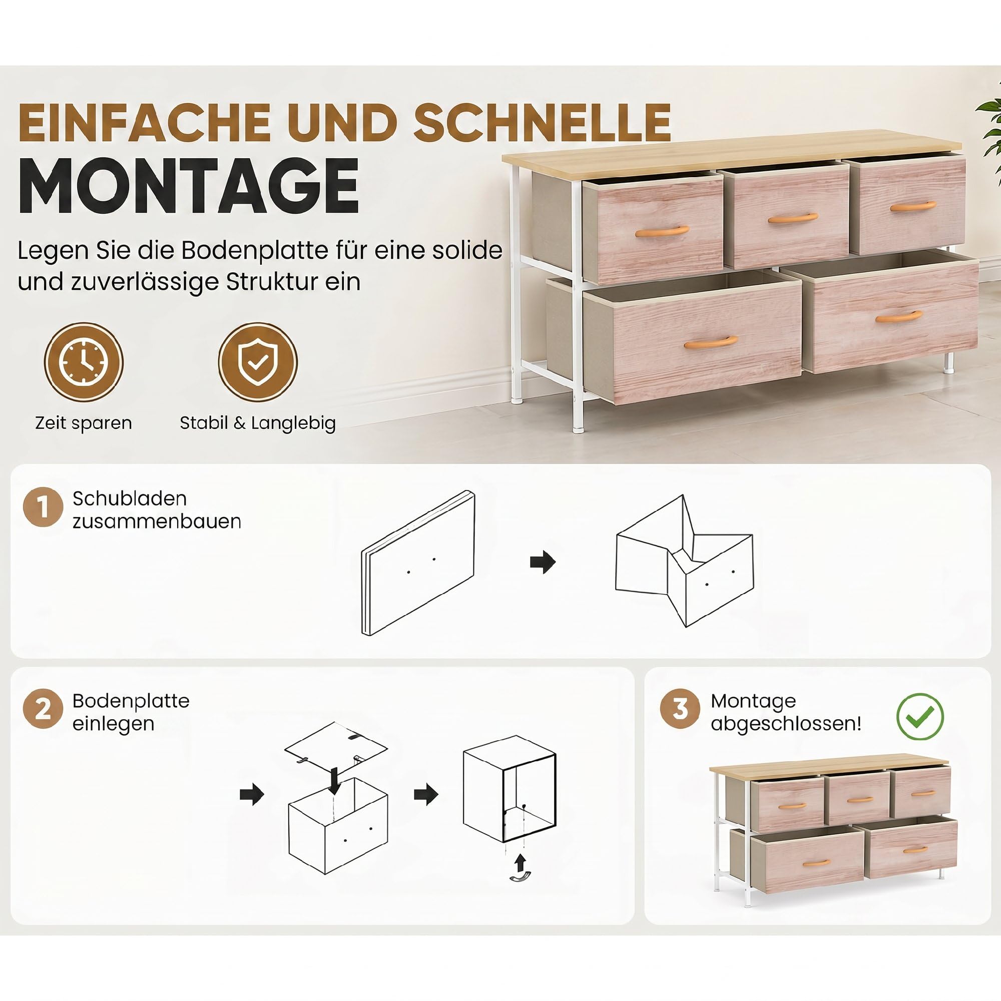 HOMCOM Kommode 5 Schubladen aus Stoff 100x30x51,5 cm Naturholz und Weiß