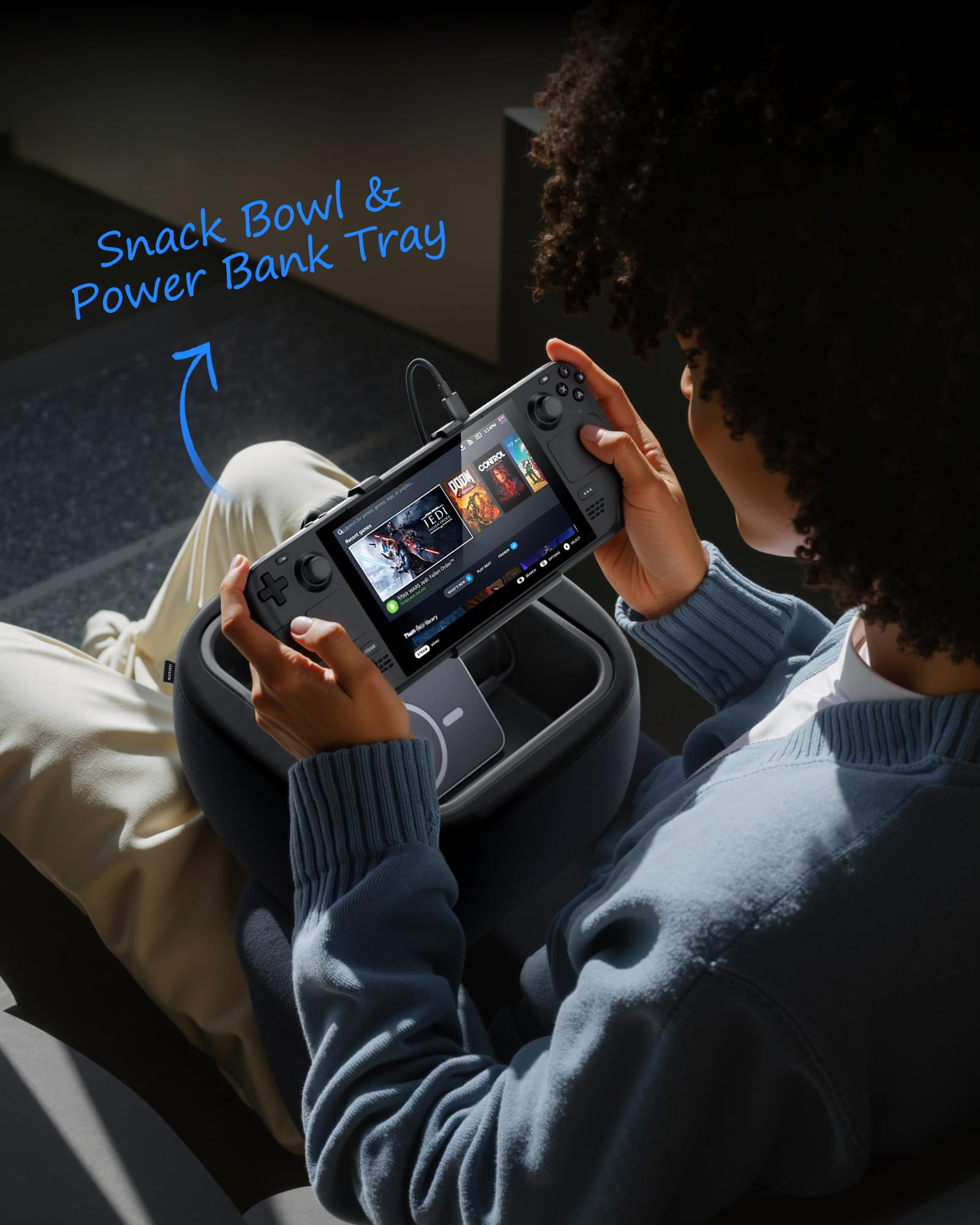 LULULOOK Gaming Kissen Ständer für Steam Deck & 4.7-14.6" Tablet mit 2 Clips, Maschine Waschbar Kindle Halterung Kissen mit 360° Schwenk Arm, Zero Gravity Steam Deck Zubehör mit Abnehmbar Snack