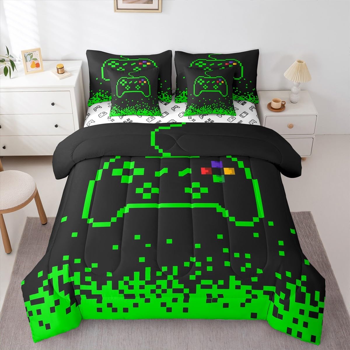 Castle Fairy Video Games 7 Piece Comforter & Sheet Sets Queen Size,Miner Pixel Games Bedding Set Neon Green Block Building Bed in a Bag Modern Black Flat & Fitted Sheets,4 Pillow Covers