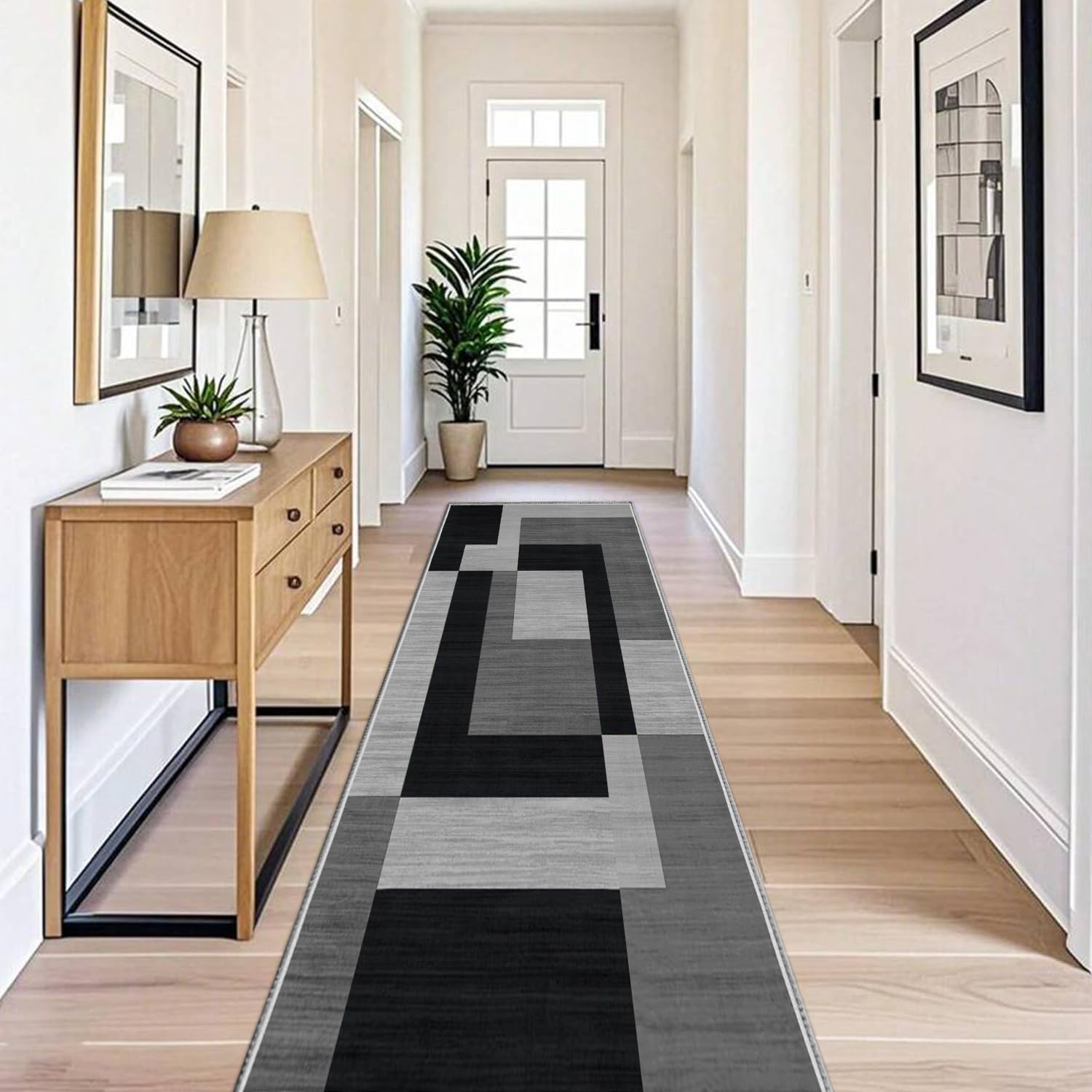 BedLooms Carpet Runners for Hallway Non-Slip 80 x 150 cm - Geometric Pattern Printed Design Bedroom Black and Grey Carpets for Dinning Room, Lounge (Milo Black and Grey)
