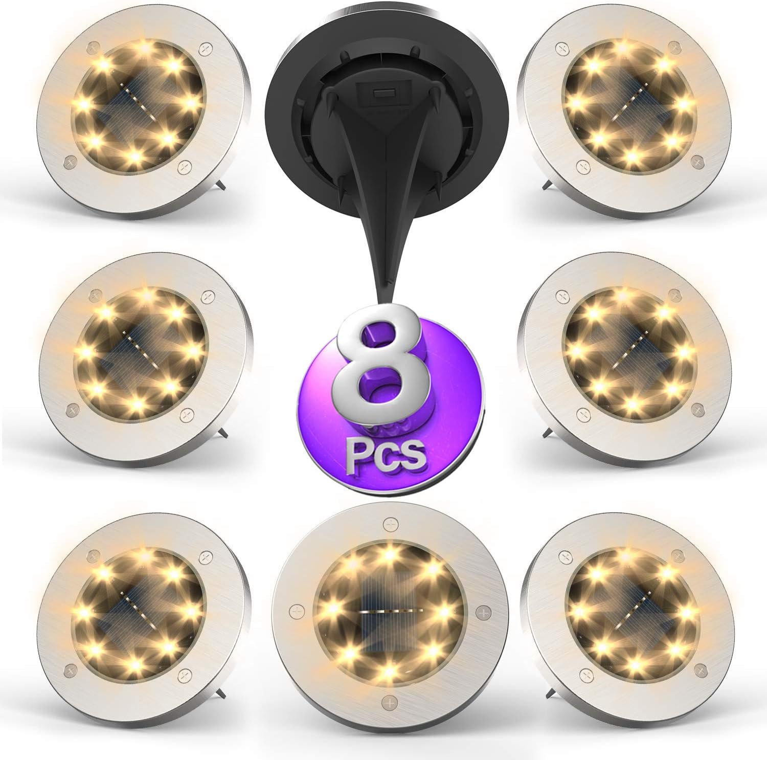 Solar Lights Outdoor，Disk Lights Solar Powered 8 LED ，Outdoor in-ground Solar Lights for Landscape Walkway Lawn Steps Decks, LED lamp, Waterproof(Warm White)