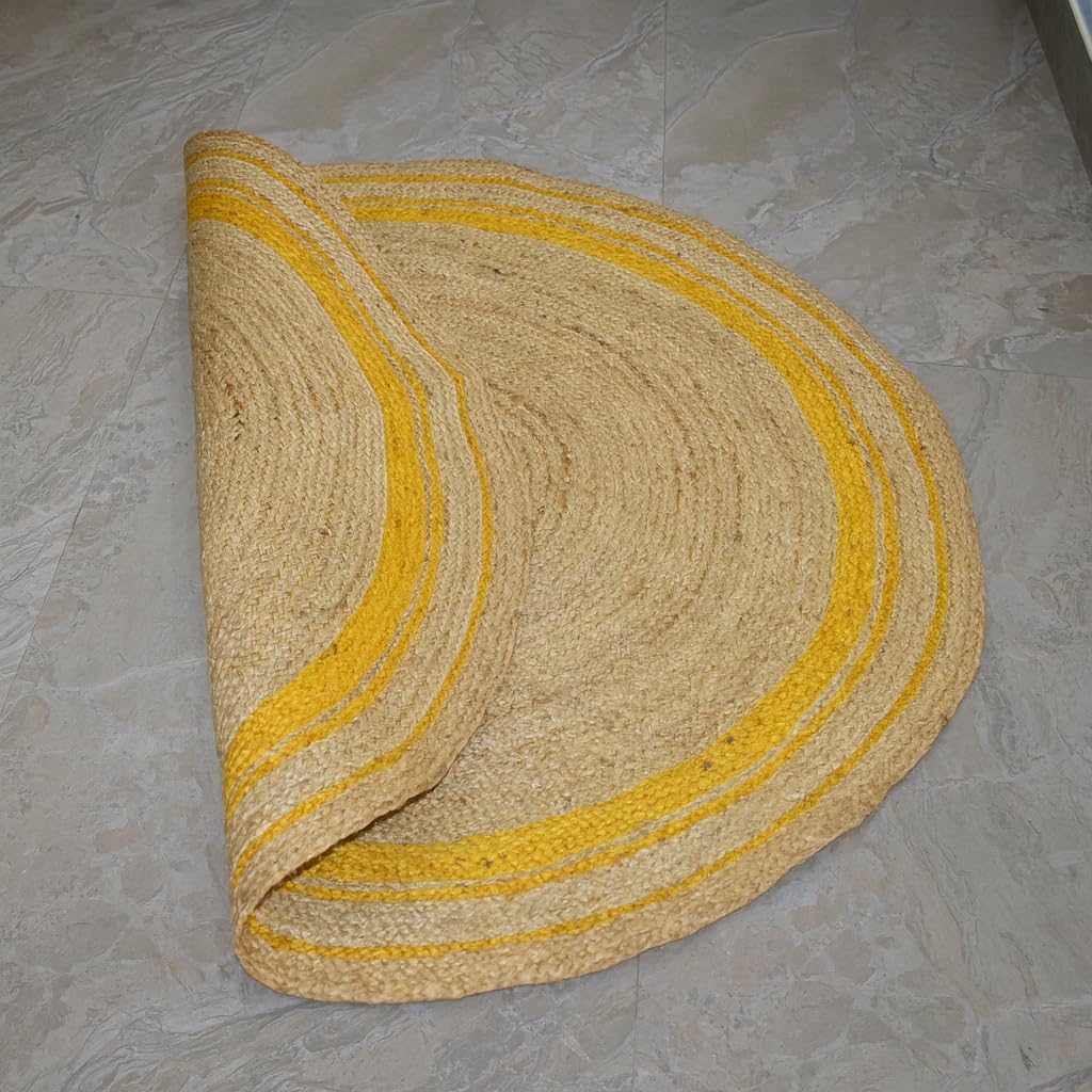 Tapis Rond en Jute tressé à la Main pour décoration d'intérieur, Beige + Jaune (180x180 cm Round)