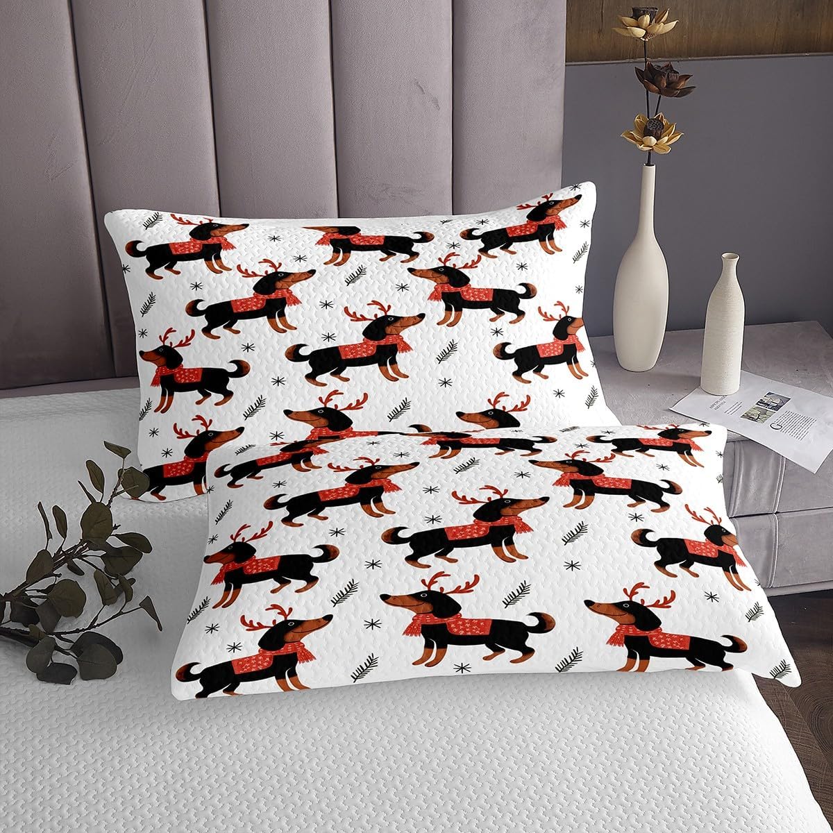 Erosebridal Christmas Dachshund Bedspread Sets Queen Size Xmas Cute Dog Coverlet Set Cute Christmas Dachshund Bed Set Cartoon Xmas Decor Bedding Set