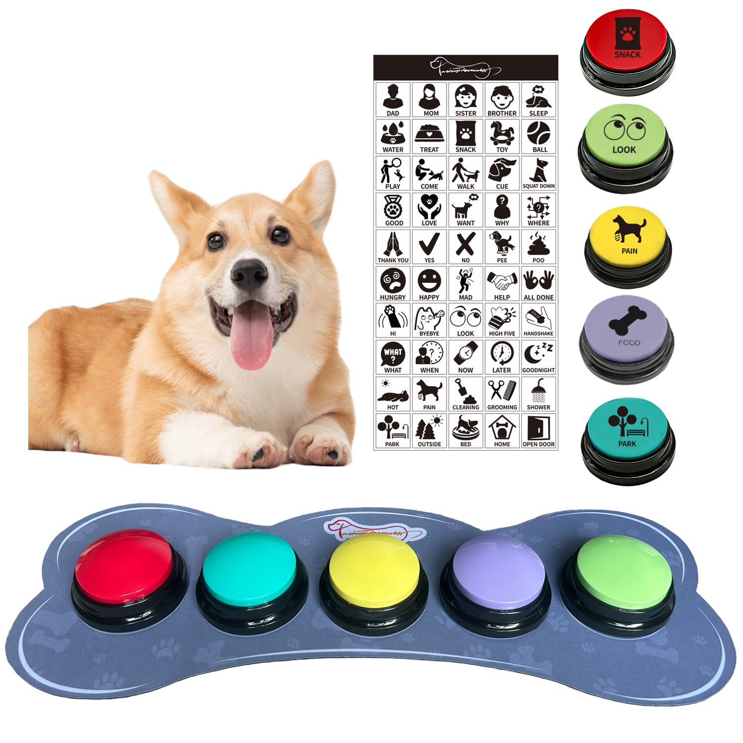 Photo 1 of Set of 5 Color Dog Buttons With Rubber Mat for Communication, Voice Recording, Talking, Pet Training & Behavior Aids - Train Your Dog to Voice What They Want