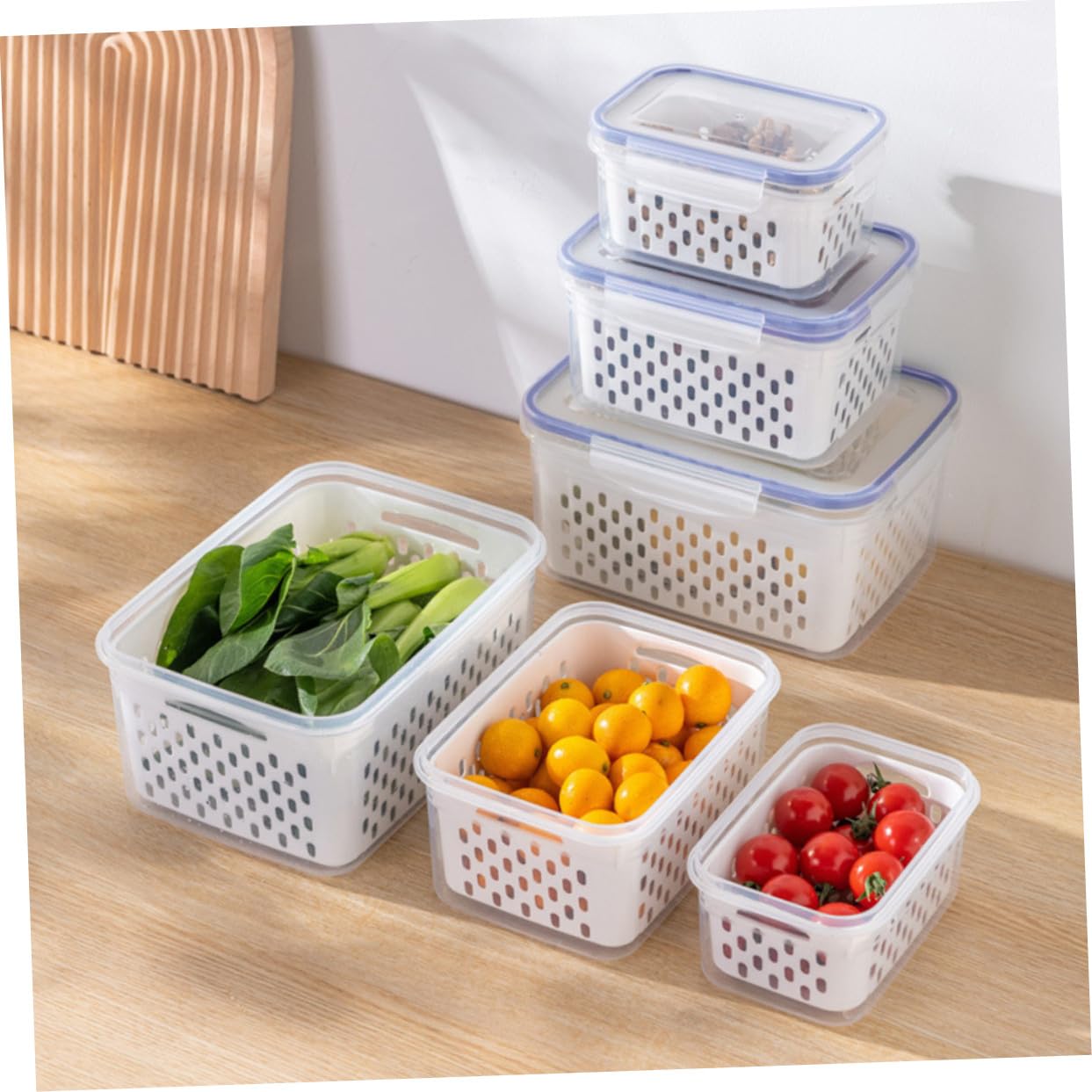 Alipis Set 3 Pezzi Contenitori per Frutta e Verdura con Coperchio, Design Trasparente in Pp, Capacità 850ml 1750ml 3300ml con Scolapiatti Rimovibile per Frigorifero