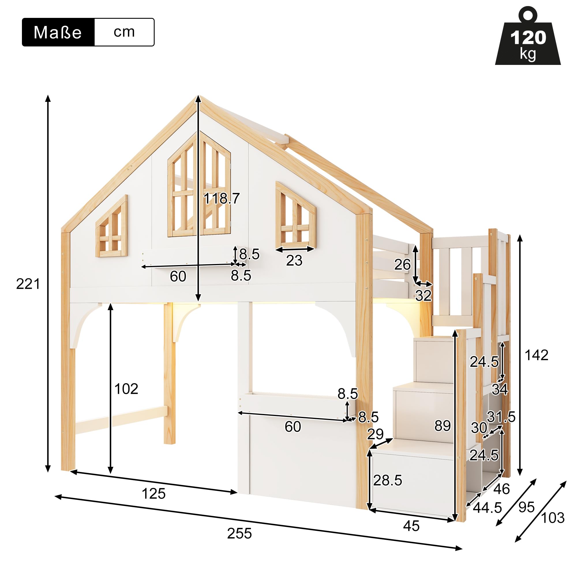 Haus-Etagenbett Kinderbett 90x200 cm mit LE/D Funktionen, Innovativer Stauraumtreppe, Fantasievollem Fenster-Design, Holz + MDF, Geeignet für 2 Kinder, Weiß + Natur