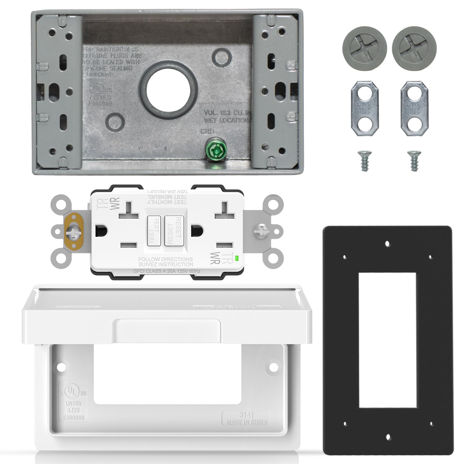 ELEGRP GFCI Kit de prise électrique 20 A, WR, avec plaque murale horizatale résistante aux intempéries, blanc, 1 paquet