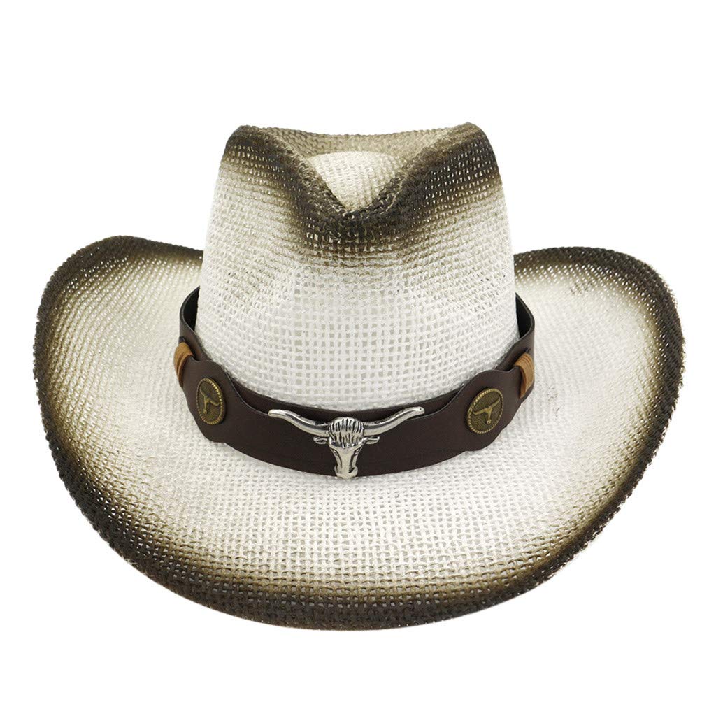 Men Women Woven Straw Cowboy Hat Cut-Outs Shapeable Retro Western Cowboy Riding Hat Leather Belt Cute Cowgirl Hat
